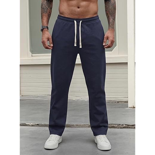 Calça masculina casual de ajuste solto com cordão e bolsos para trabalho ao ar livre