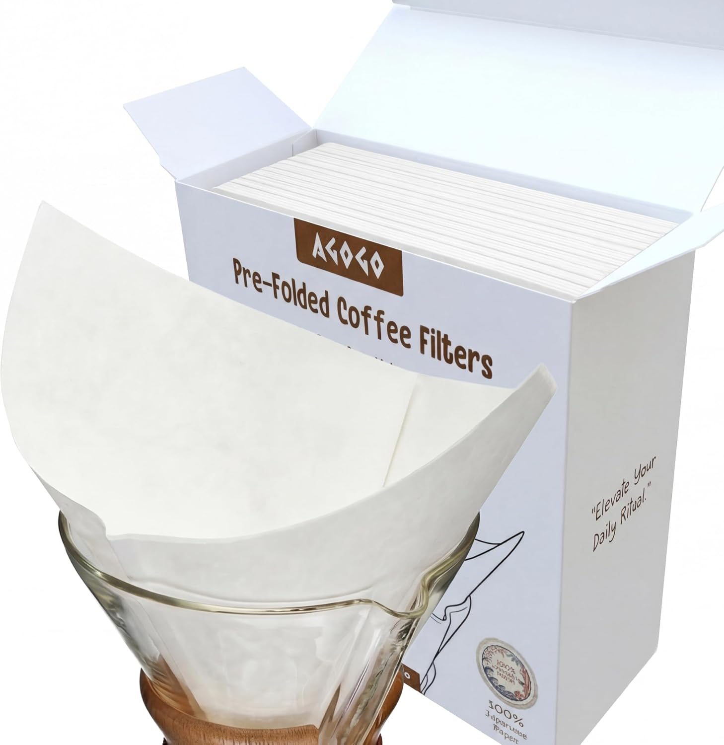 AGOGO Paper Filters for Chemex Pour Over, Natural Pre-Folded Round, 100ct