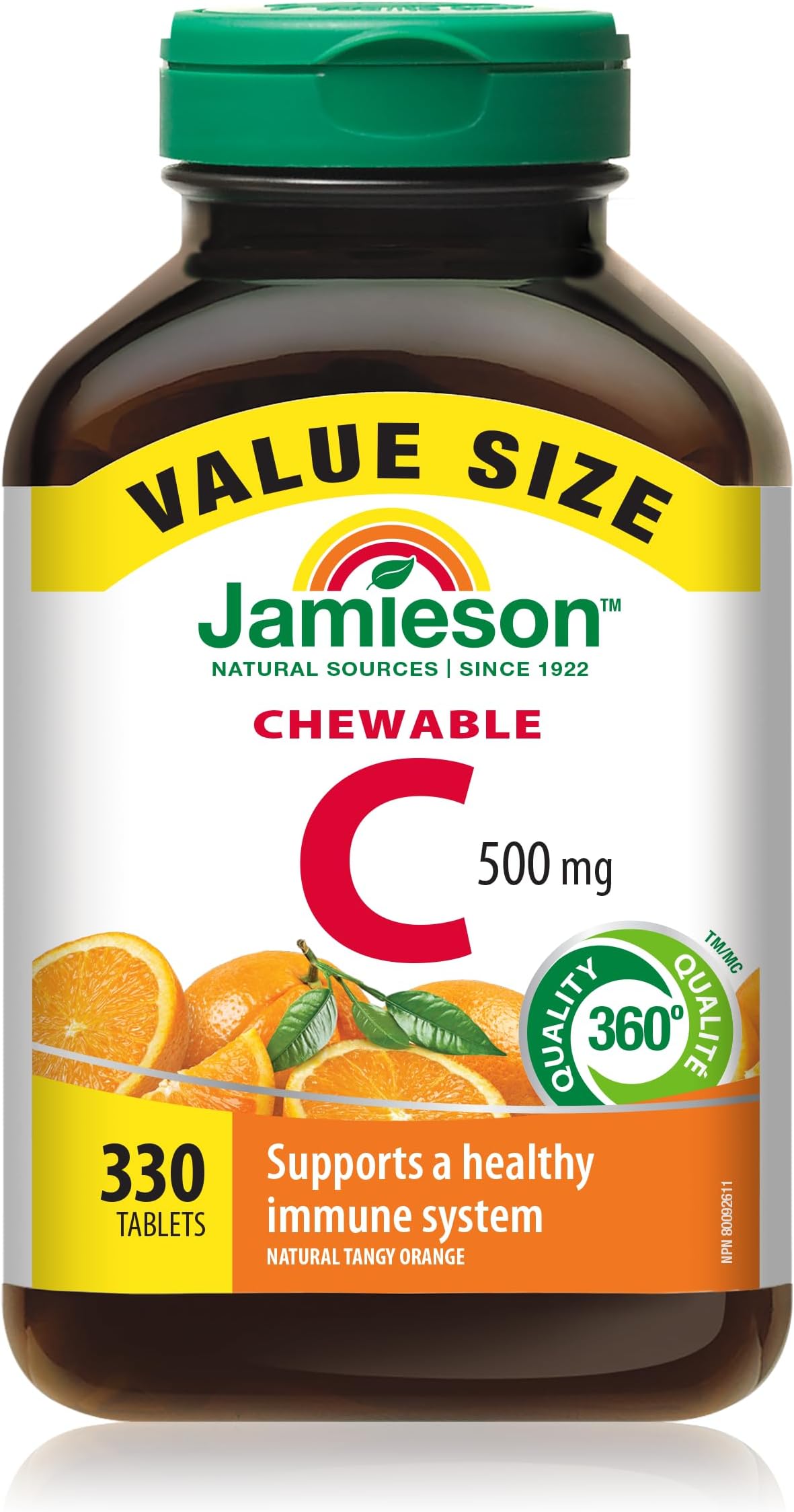 Jamieson Chewable Vitamin-C 500mg Value Supplement Pack(330 Count), Tangy Orange, Imported from Canada)