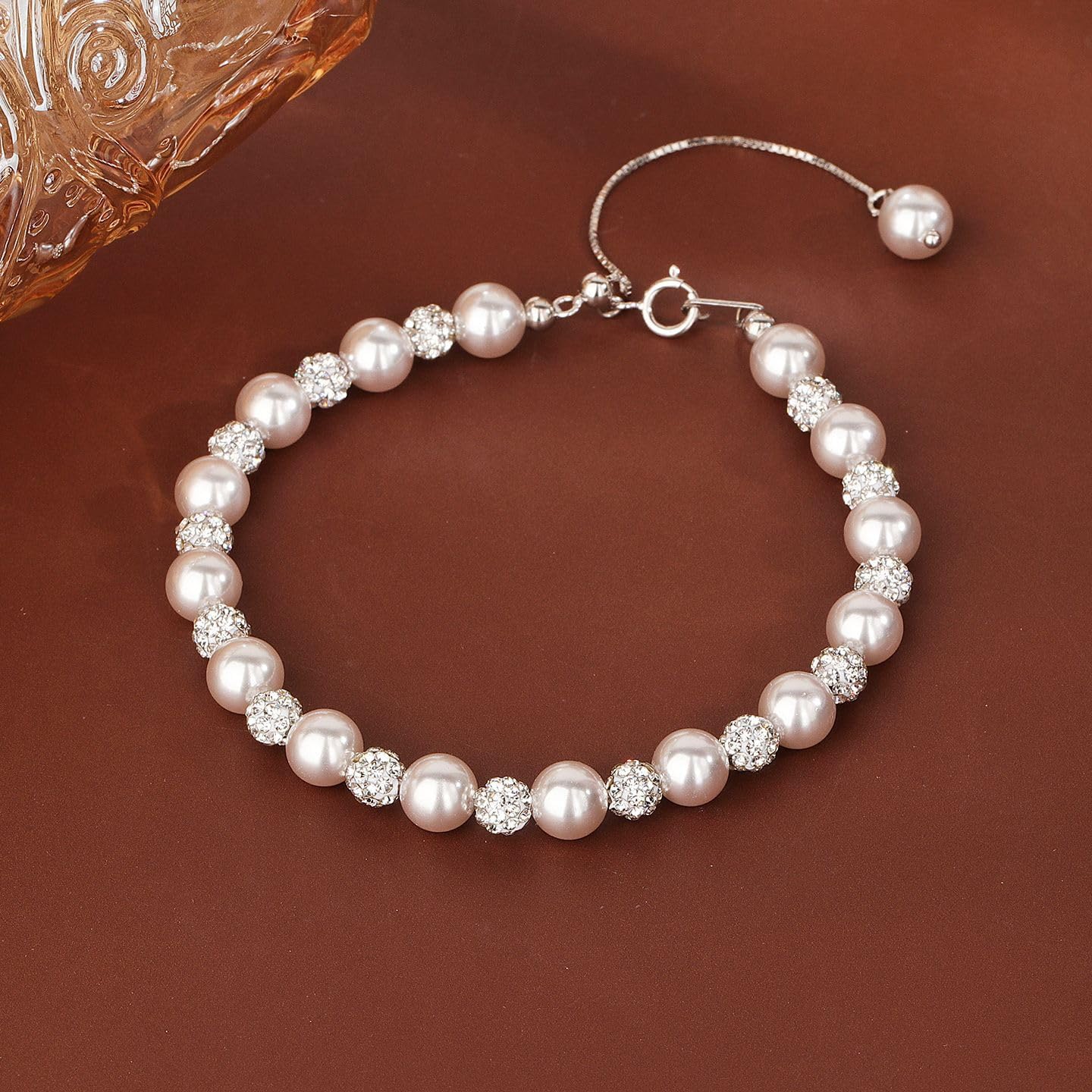 Pink Pearl Crystal Bracelet for Women 925 Sterling Silver Dainty Cubic Zirconia Ball Bracelet to Daughter Mom Elegant Sparkling Pearl Alternating Bead Chain Valentines Day Sorority Jewelry Gifts - Image 7