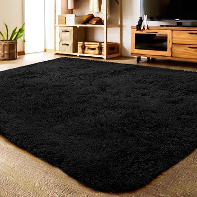 LOCHAS Area Rugs for Living Room, Fluffy Shaggy Super Soft Carpet Suitable as Bedroom Rug Nursery Rugs Kids Mat, Large Floor Mat Furry Plush Rug for Home Decor 120 X 160cm Black
