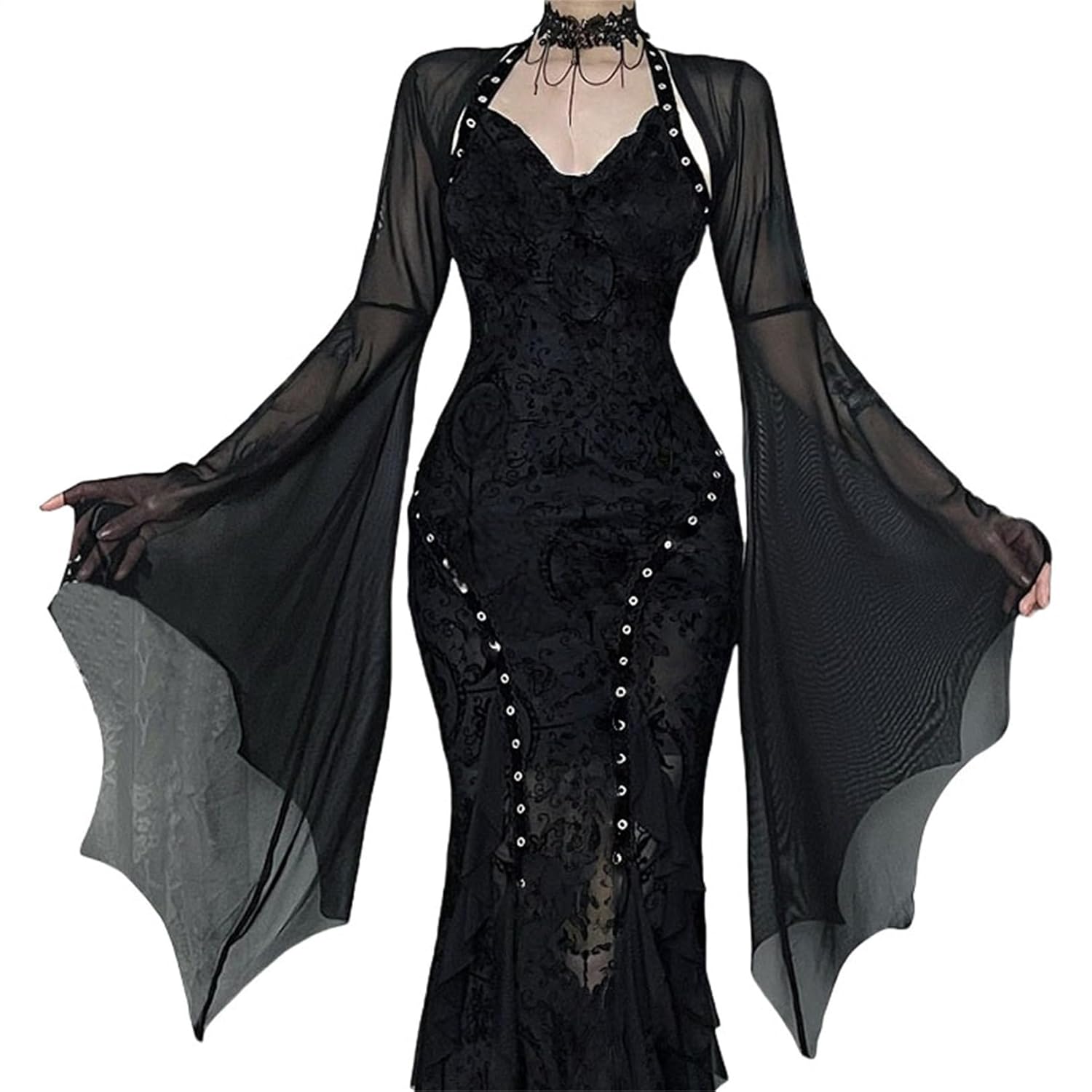 Women Rave Sheer Mesh Crop Shrug Top - Bat Bell Long Sleeve Gothic Vampire See Through Evening Dress