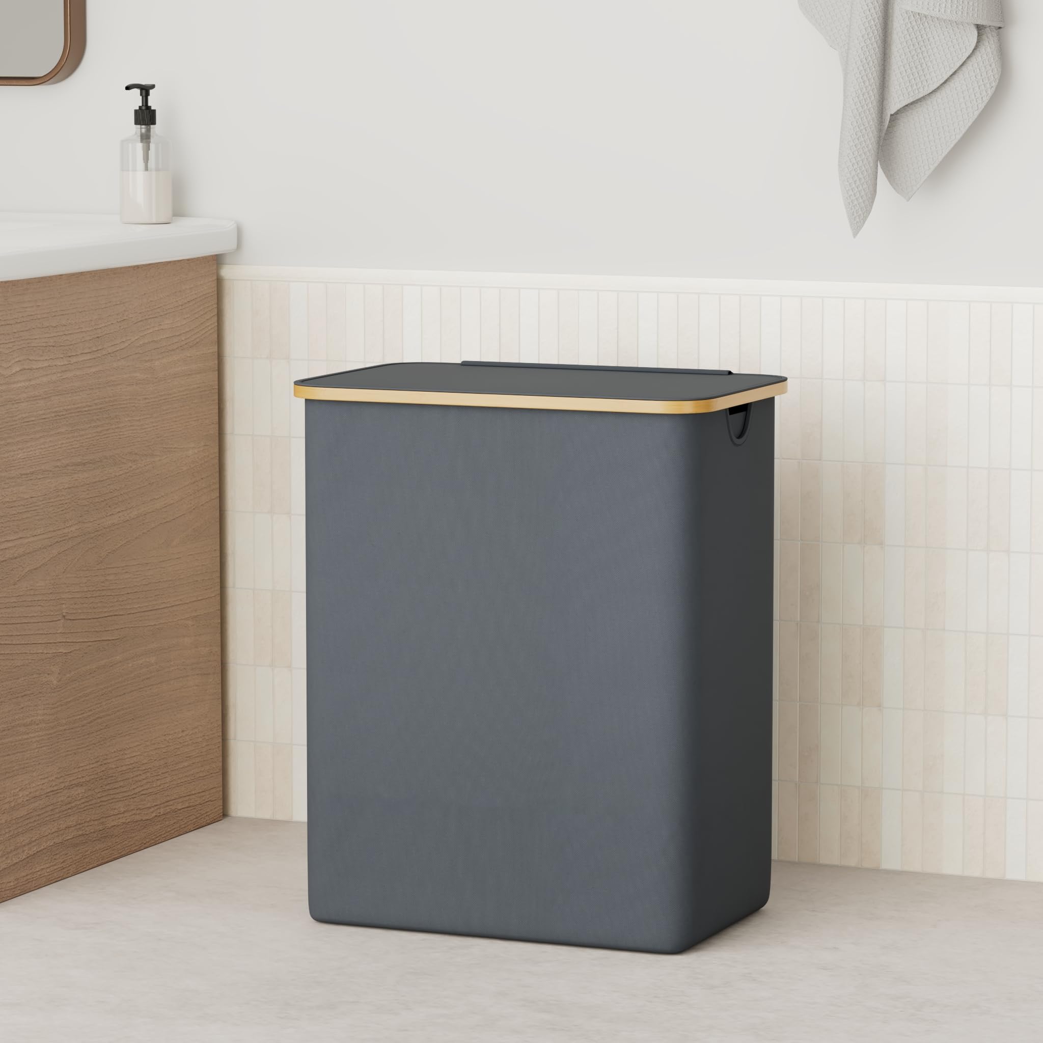 BRIAN & DANY Wasmand met 3 vakken en deksel, wasverzamelaar, wassorteersysteem, uitneembare waterafstotende opvouwbare wasmand, smal Laundry Basket 145L grijs