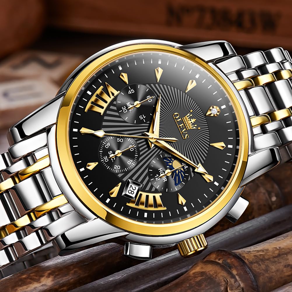 OLEVS Watches for Men Luxury Analog Quartz Big Face Stainless Steel Multifunctional Waterproof Date Two Tone Fashion Dress Wrist Watches for Man
