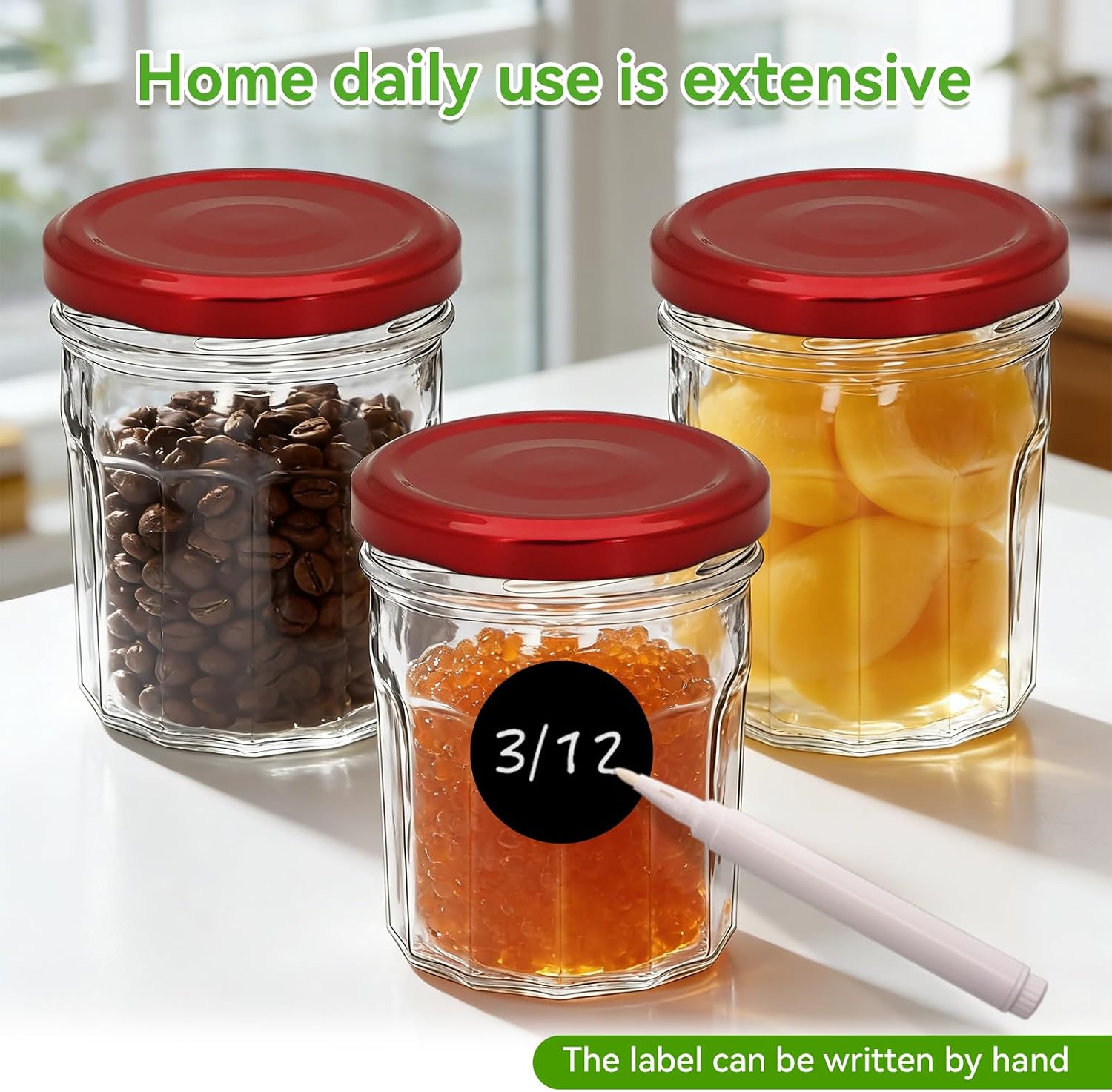 1 Pc 10oz Wide Mouth Polygon Glass Jars with Lids, Octagonal Base Candle & Honey Jars for Candle Making, Jam, Crafts, Wedding & Party Favors, 300ml (Red lid) image 4