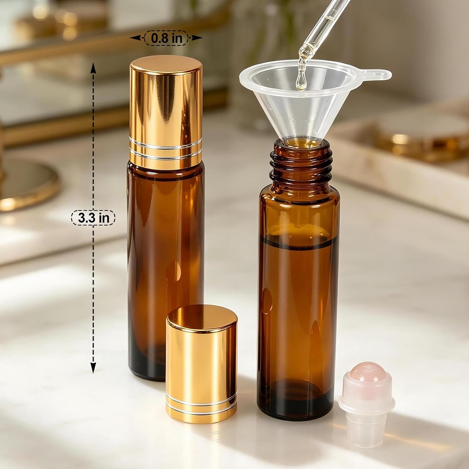 4 pack 10ml Rose Quartz Roller Bottle, Travel Amber Glass Roller Bottles for Body oils, Roller Ball Applicator for Essential Oils, Refillable Organic Castor Oil Roll on Bottles