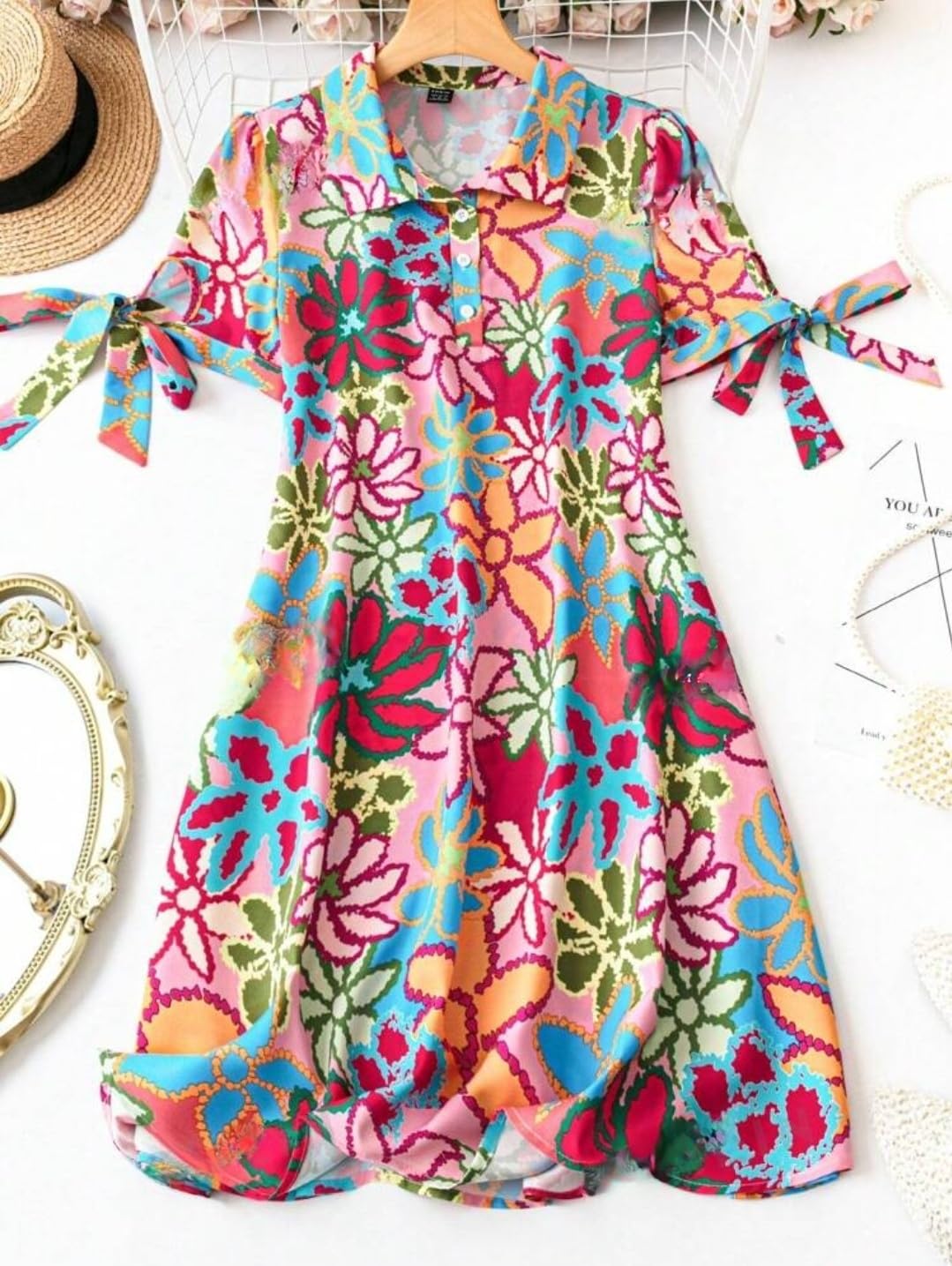 Gufrina Women's Rayon Midi Dress With Half Sleeves Geometric Printed Spread Collar Neck Knee Length Regular Fit And Flare Pink