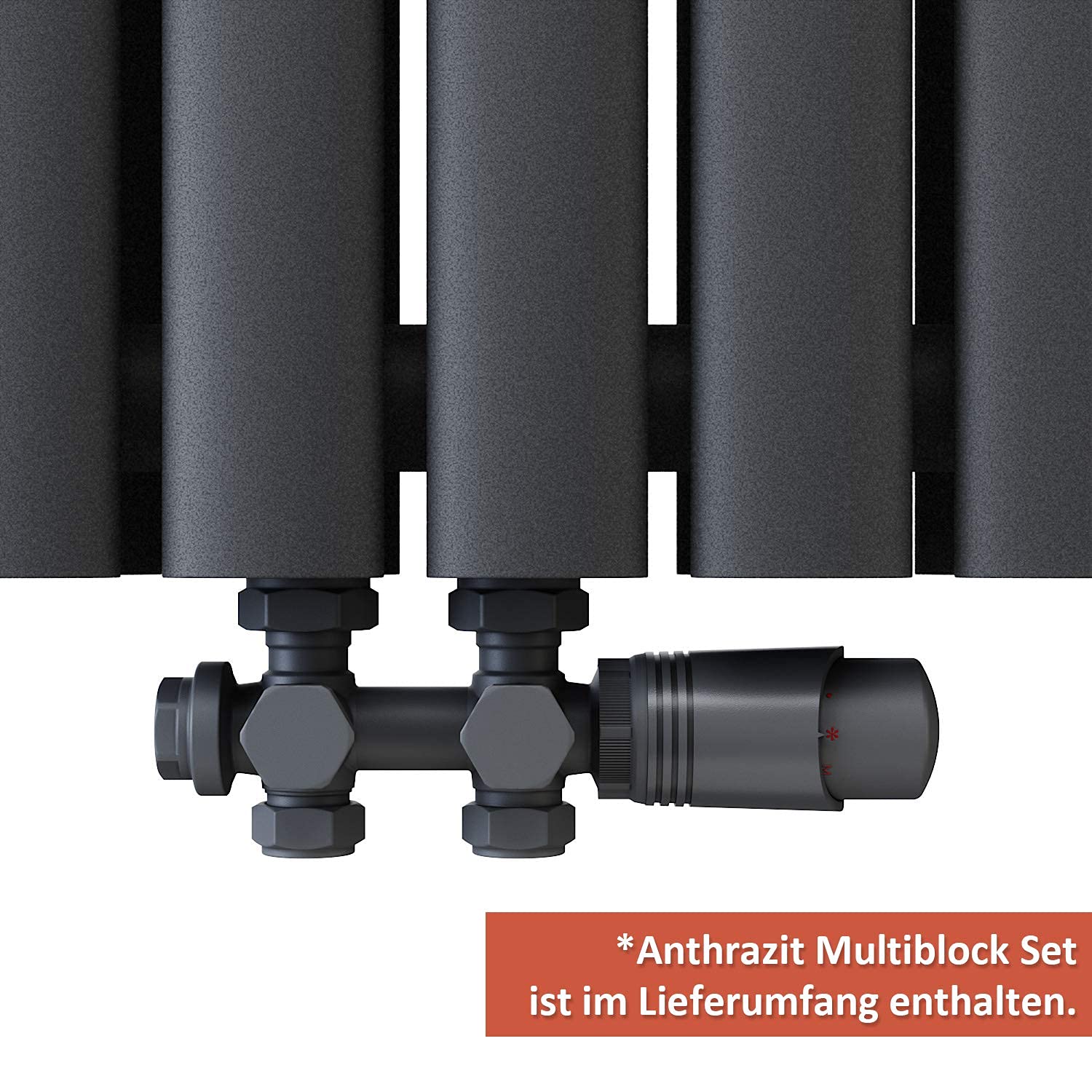 ELEGANT Radiador moderno antracita 600 x 1180 mm con termostato multibloque de color antracita, radiador horizontal de doble capa, conexión central