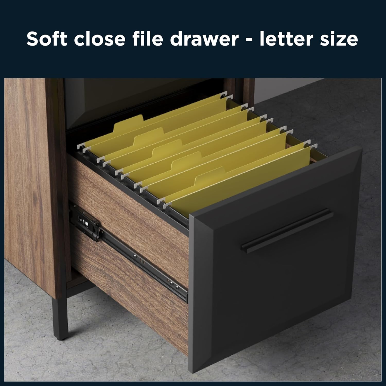 Close-up image of an open soft-close file drawer on the Thomasville Alderbrook desk, showing yellow hanging file ഉള്ളിലെ ഫോൾഡറുകൾ.