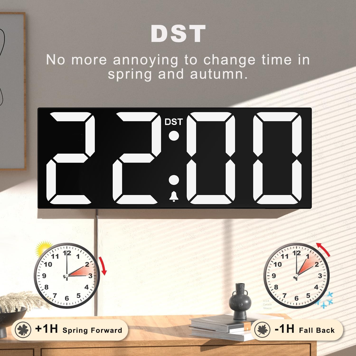 JALL 22'' Large Digital Wall Clock, Big LED Number Dispaly, DST, Night Light for Classroom, Living Room, Bedroom, Mounted, Birthday Xmas Gift for Senior, Mem Womem Mom Dad, White