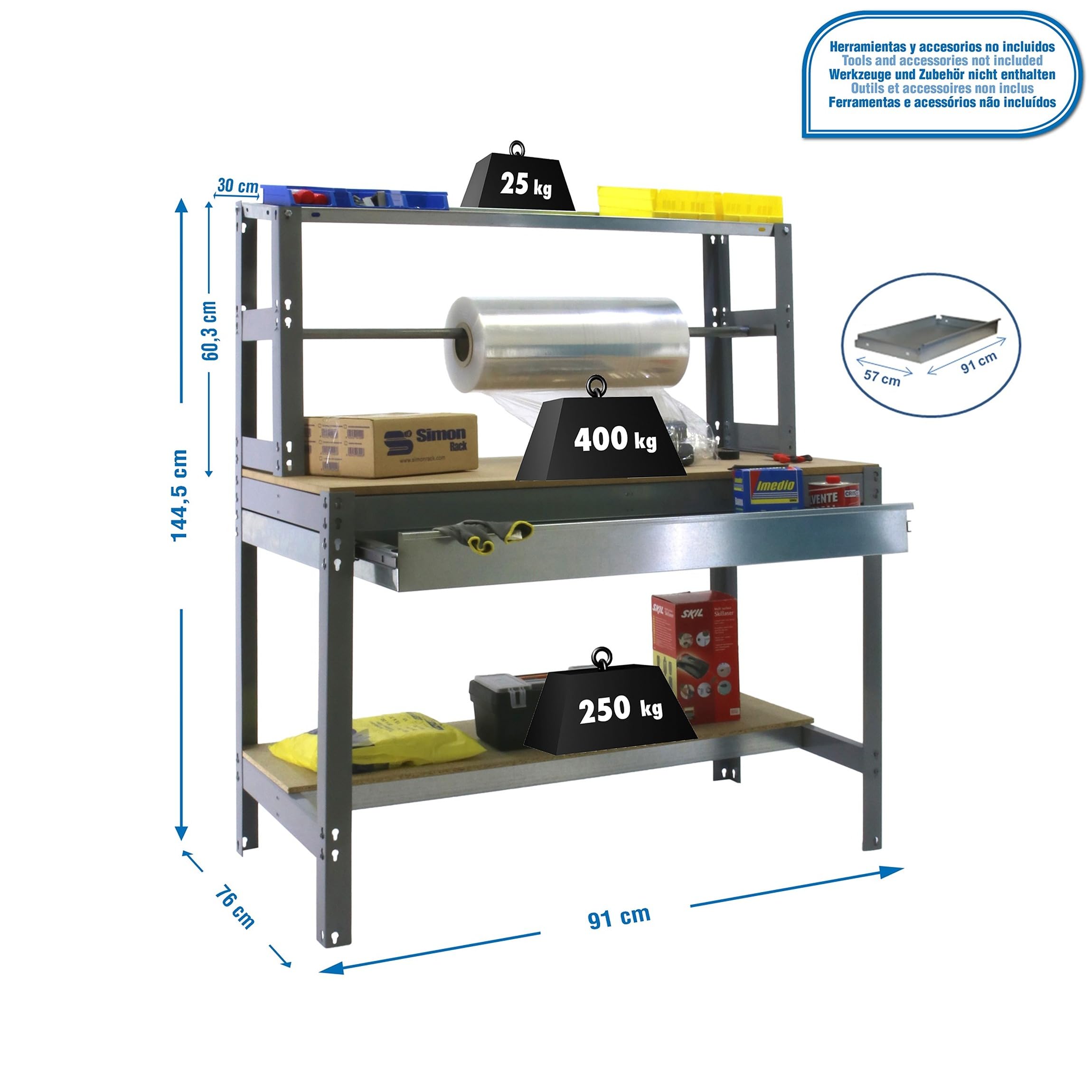 Simon Rack Banco de Trabajo con Porta Rollo y cajón 910x760 mm - BT4 | Tablero madera 16 mm, Capacidad Carga 400 kg, Gris , Pintura anticorrosión, Montaje sistema clic