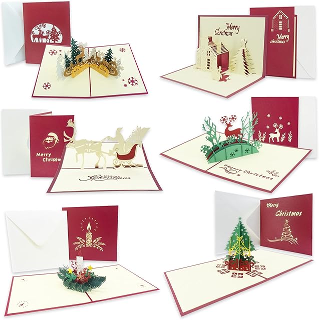 6PCS Christmas Cards Pop Up, Xmas 3D Greeting cards & Envelopes, Funny Personalized Holiday PostCards | Handmade thank you card Gifts, Tree, Snowman, Reindeer,Candle