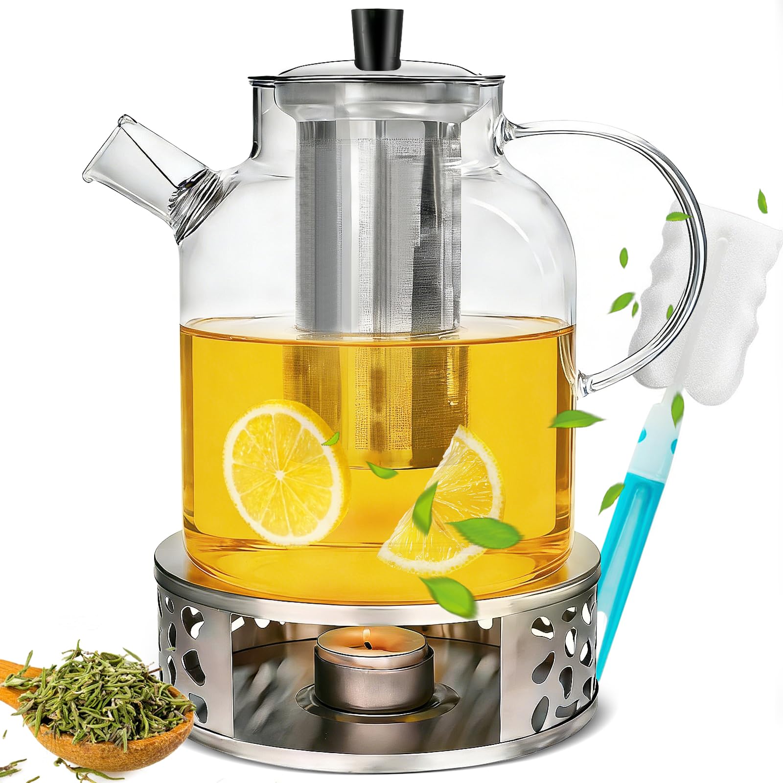 1800 ml Teekanne Mit Siebeinsatz Und Stövchen，Glasteekanne mit Abnehmbare Edelstahl-Sieb Warmhalteuntersetzer Rostfrei Hitzebeständig für Schwarzen Tee Grüner Tee Fruchttee Duftender Tee Teebeutel