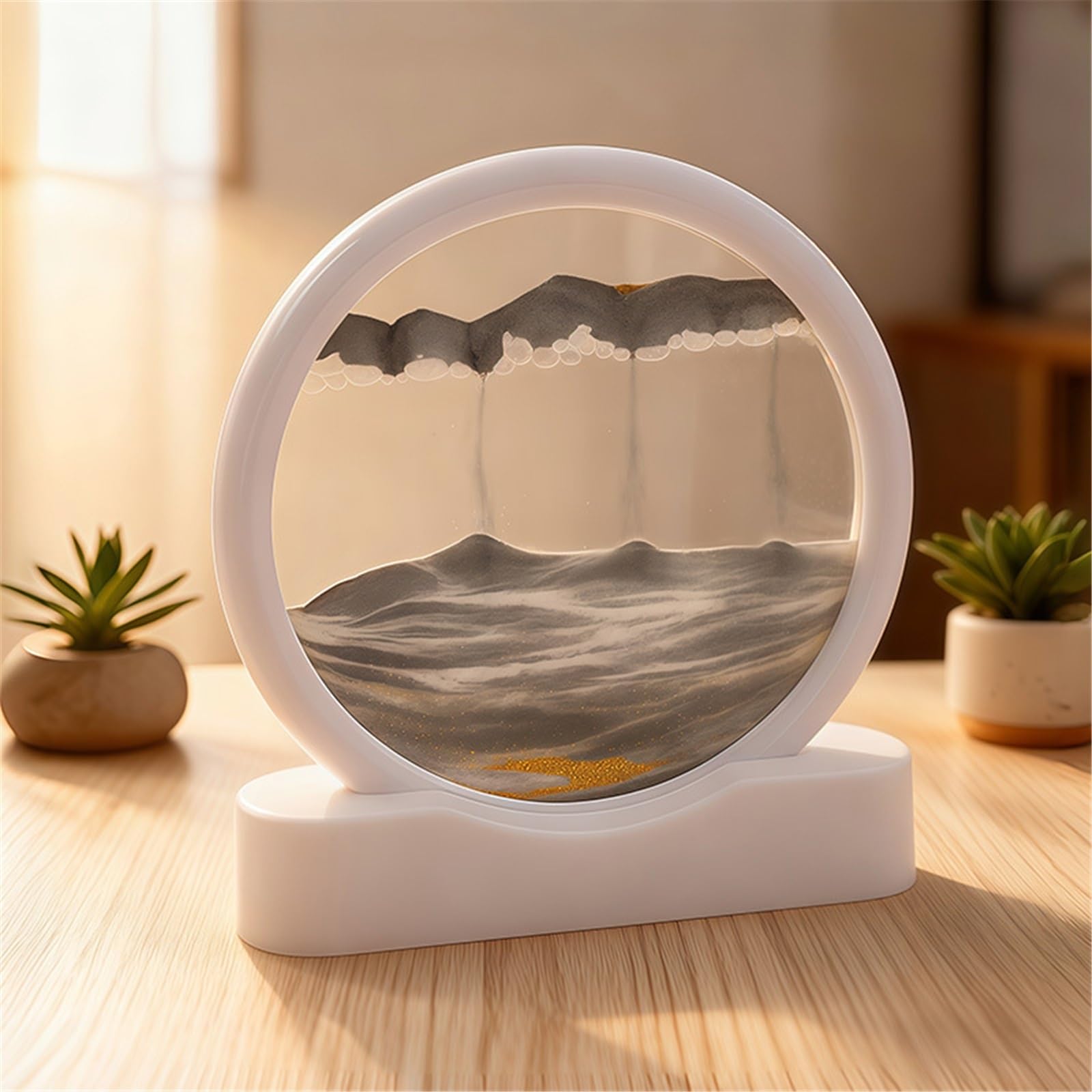 5 Pollici 3D da Scrivania Pittura di Sabbia Che Scorre, Paesaggio Arte della Sabbia in Movimento, Pittura di Vetro A Clessidra Decorazione Rilassante da Scrivania(Bianca)