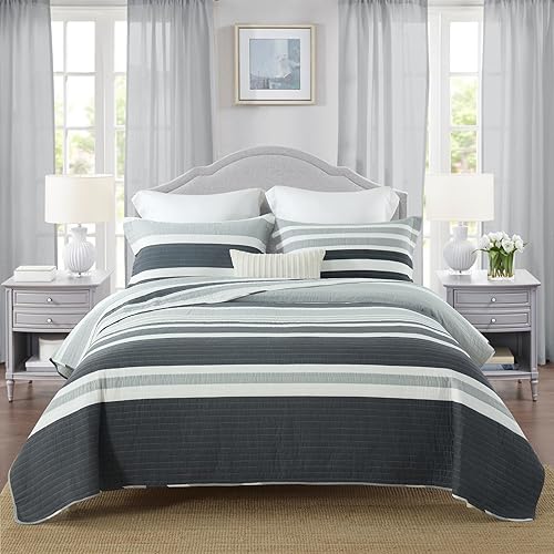 Miniatura 2 de SahSahCasa Juego de edredón tamaño King, juego de edredón 100% algodón, colcha reversible ligera a rayas para cama King, para todas las estaciones,