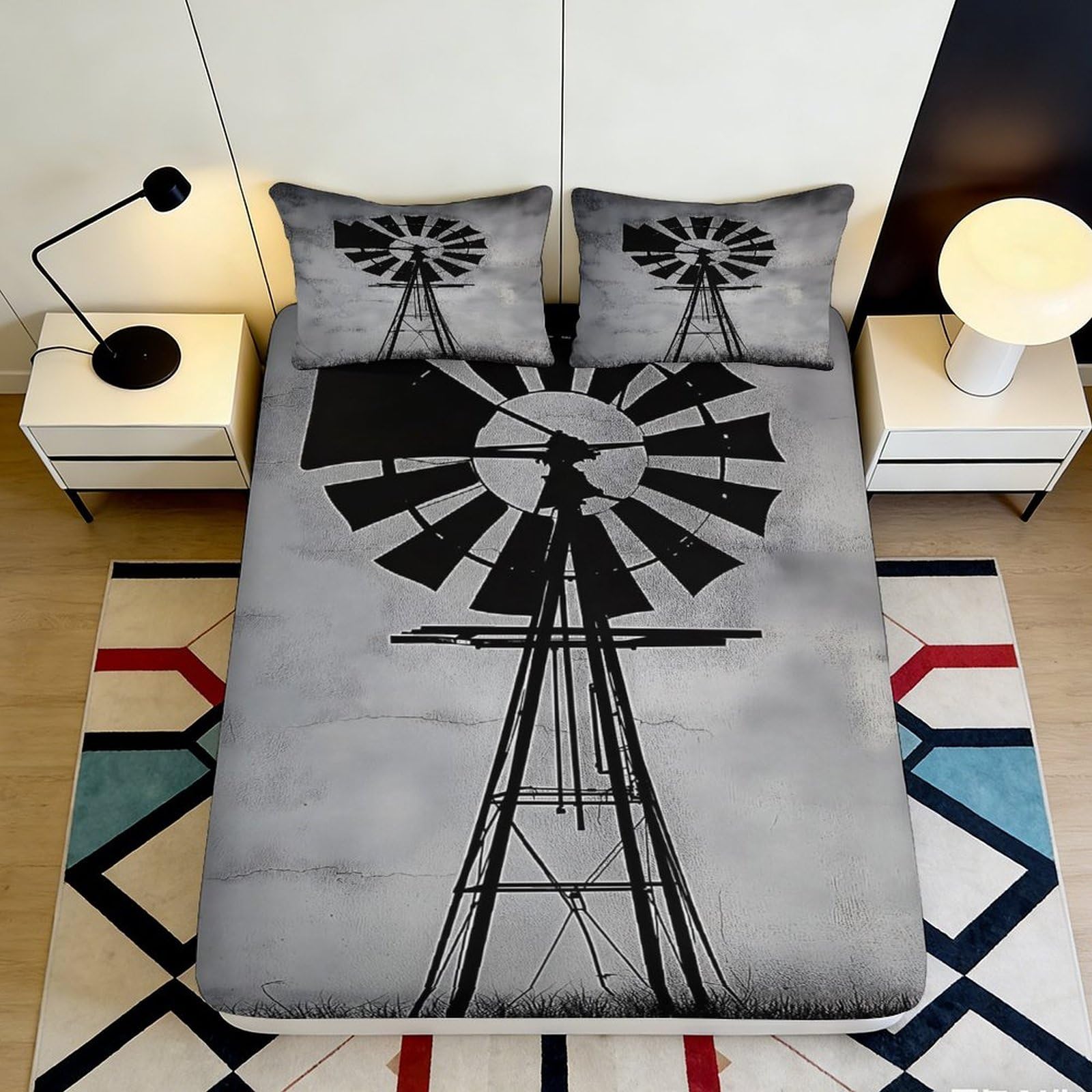 3D Printed windmill Fitted Sheet for bedroom decor, Microfiber soft touch, wrinkle resistant, guest room bedding, stylish room accent, dustproof, easy care 90x200x25cm