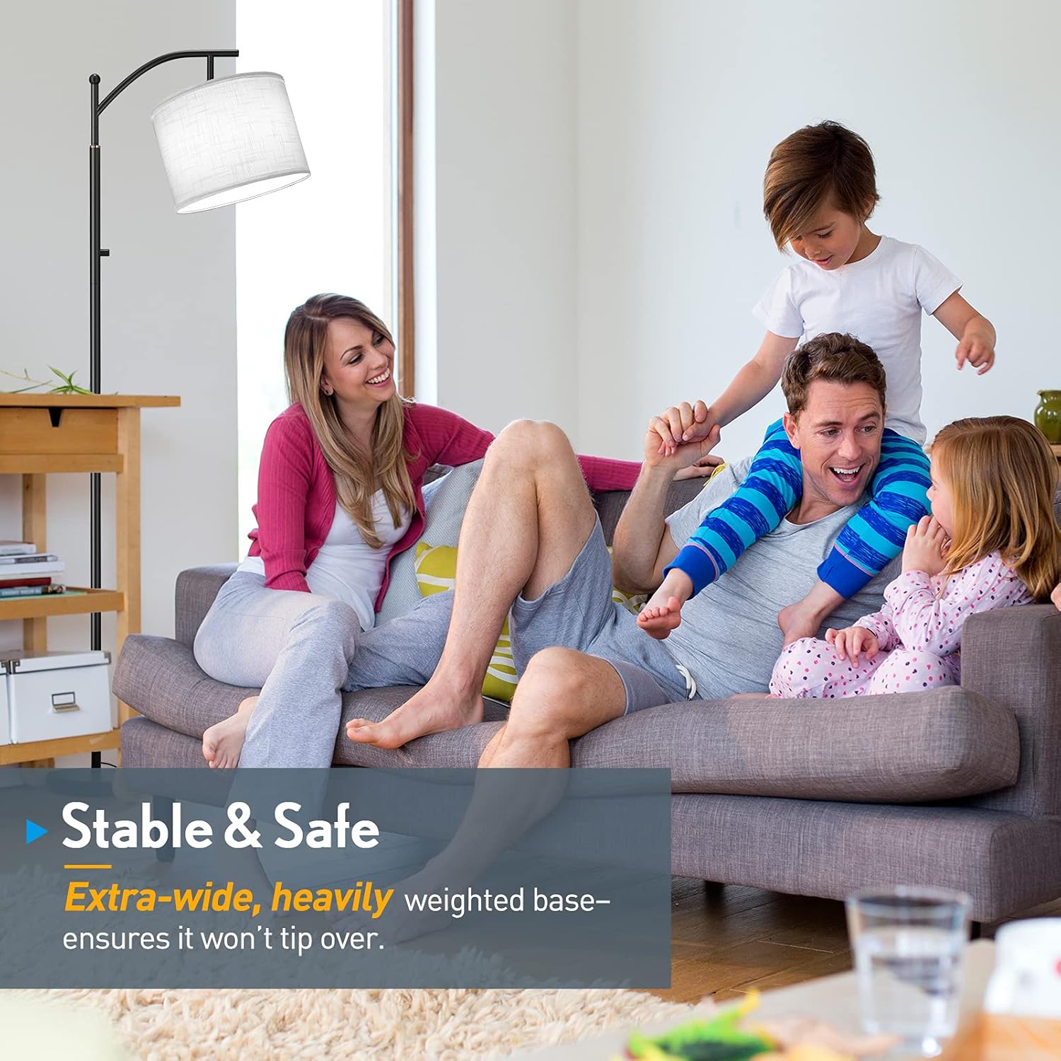 Outon LED Floor Lamp, 3 Color Temperatures Modern Lamp with Rotary Switch, Adjustable Tall Standing Lamps with Hanging White Linen Texture Shade for Living Room, Bedroom, Office, Black - - 