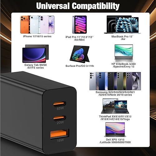 Miniatura 3 de Cargador rápido USB-C de 65 W, bloque de carga de 3 puertos y cable USB-A a C de 3+3 pies y 6+6+10+10 pies tipo C a C para Samsung Galaxy Negro