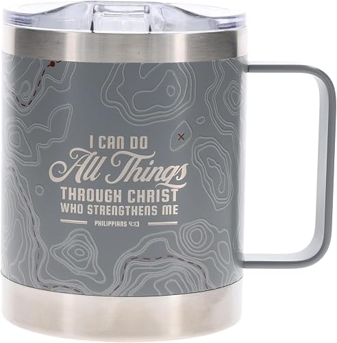 Christian Art Gifts Novelty Stainless Steel Travel & Camping Mug, Inspirational Bible Verse, I Can do All Things Through Christ Philippians 4:13, Grey with Contour Lines, 325ml