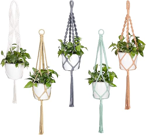 Miniatura 1 de Navaris Ganchos de macramé para plantas (juego de 5) – Juego de colgadores de plantas de macramé de algodón para colgar plantas interiores y
