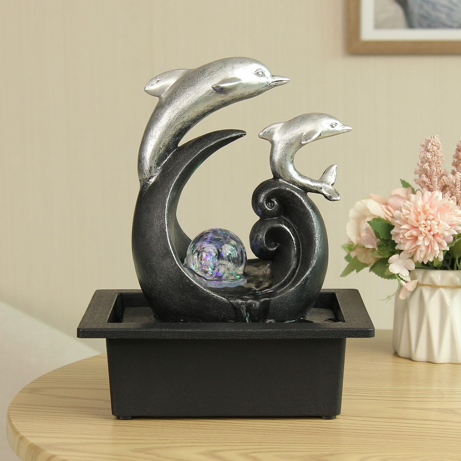 TiCin Tabletop Water Fountain, Spinning Ball Light Fountain with Two Cute Dolphins, for Home Office Decor, Decorated with Colorful Lights and Rolling Ball