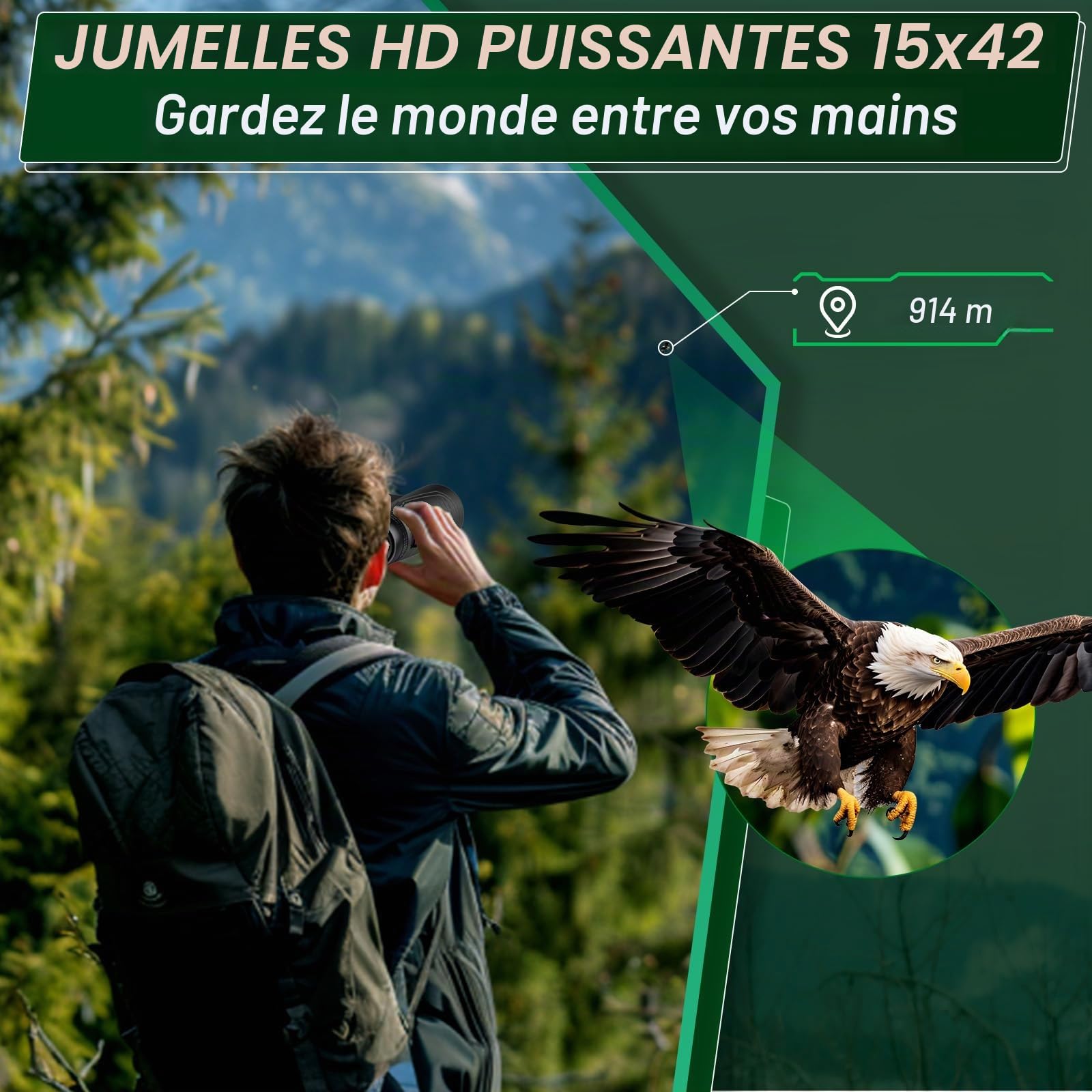 Occer Jumelles 15 x 42 pour observation des oiseaux – Jumelles HD pour adultes haute puissance avec vue large – Jumelles avec vision faible pour la chasse, les croisières, les voyages, la faune – Noir