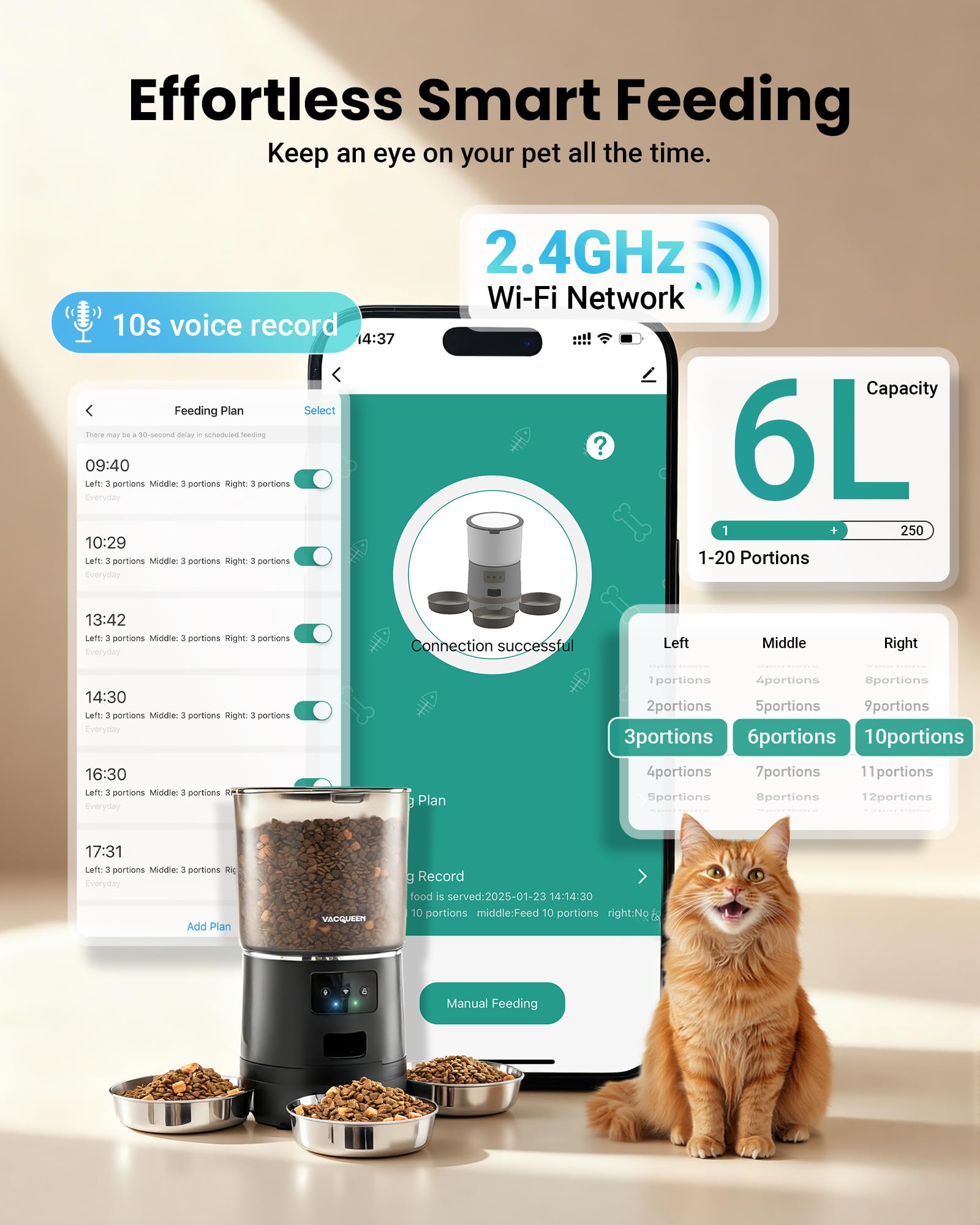 Automatic Cat Feeder for 3 Cats, 6L/25 Cup Cat Food Dispenser with Strong Anti-Jam System, Dual-Effect Desiccant, Smart WiFi App Control Pet Feeder, Automatic Dog Feeder for Cats and Small Dog
