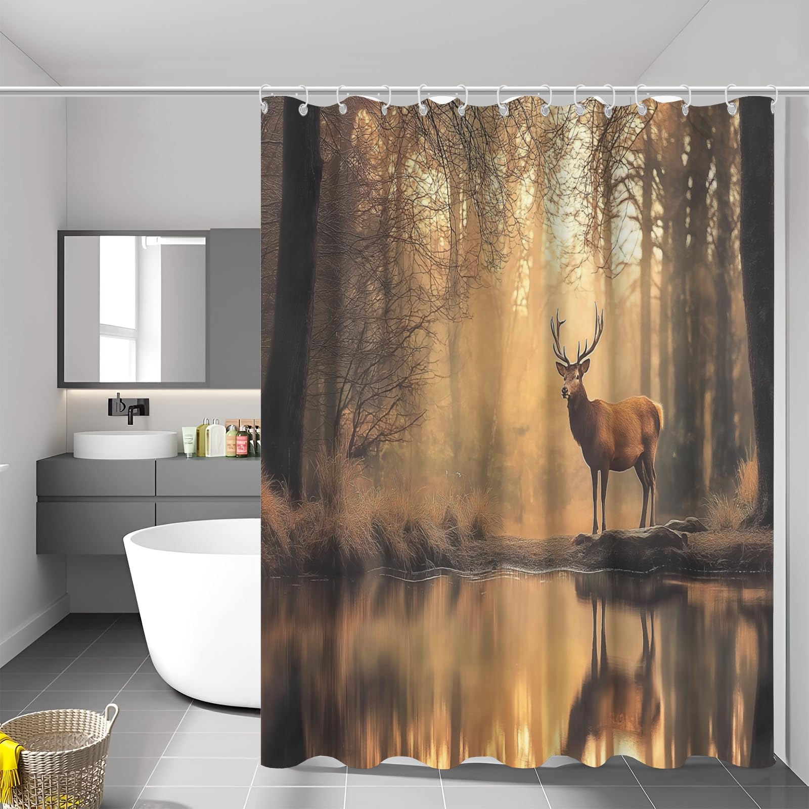 Rideau de douche cerf et forêt 3D pour une ambiance spa et nature chez soi