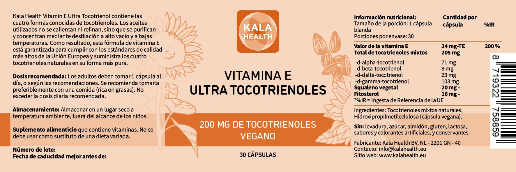 Kala Health Ultra Tocotrienol 200mg Vitamina E Vegana: todos los 4 Tocotrienoles - Alfa Tocotrienol + Beta Tocotrienol + Gamma Tocotrienol + Delta Tocotrienol - Sin tocoferoles