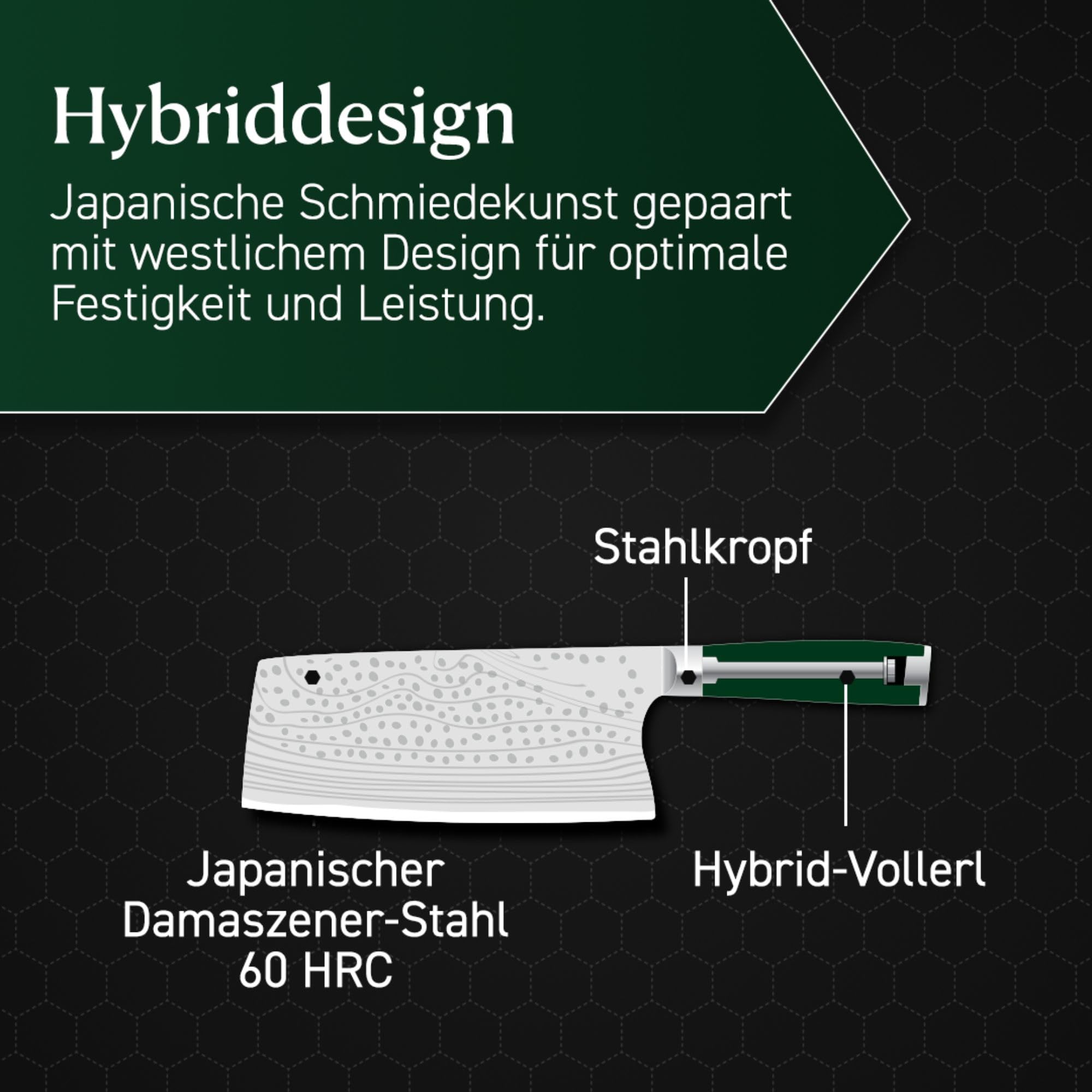 HexClad Hackmesser, 18 cm Klinge aus rostfreiem japanischem Damaststahl, Full Tang Konstruktion, Griff aus Pakkaholz