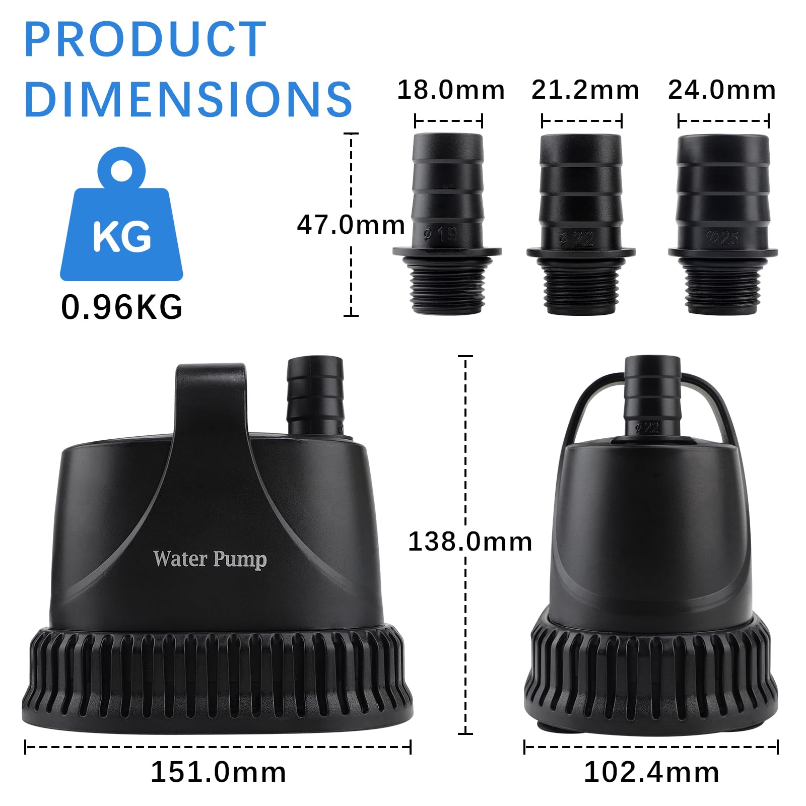 EXLECO Zatapialna pompa do brudnej wody, 1200 l/h, 20 W, 220 V, mała pompa wodna, fontanna, ciśnienie wody do basenu, stawu, ogrodu, kabel 2 m, 1 wąż 2 dysze
