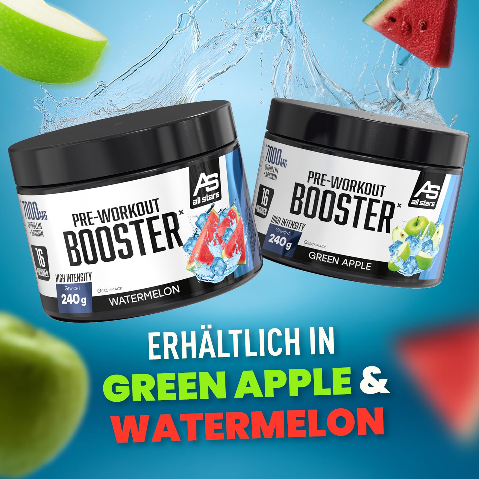 All Stars Pre-Workout Booster Extreme Watermelon I 240g Pre-Workout-Booster für 16 Drinks I Fitness-Pulver mit Aminosäuren + Vitamine + Taurin I Energy Drink mit Koffein