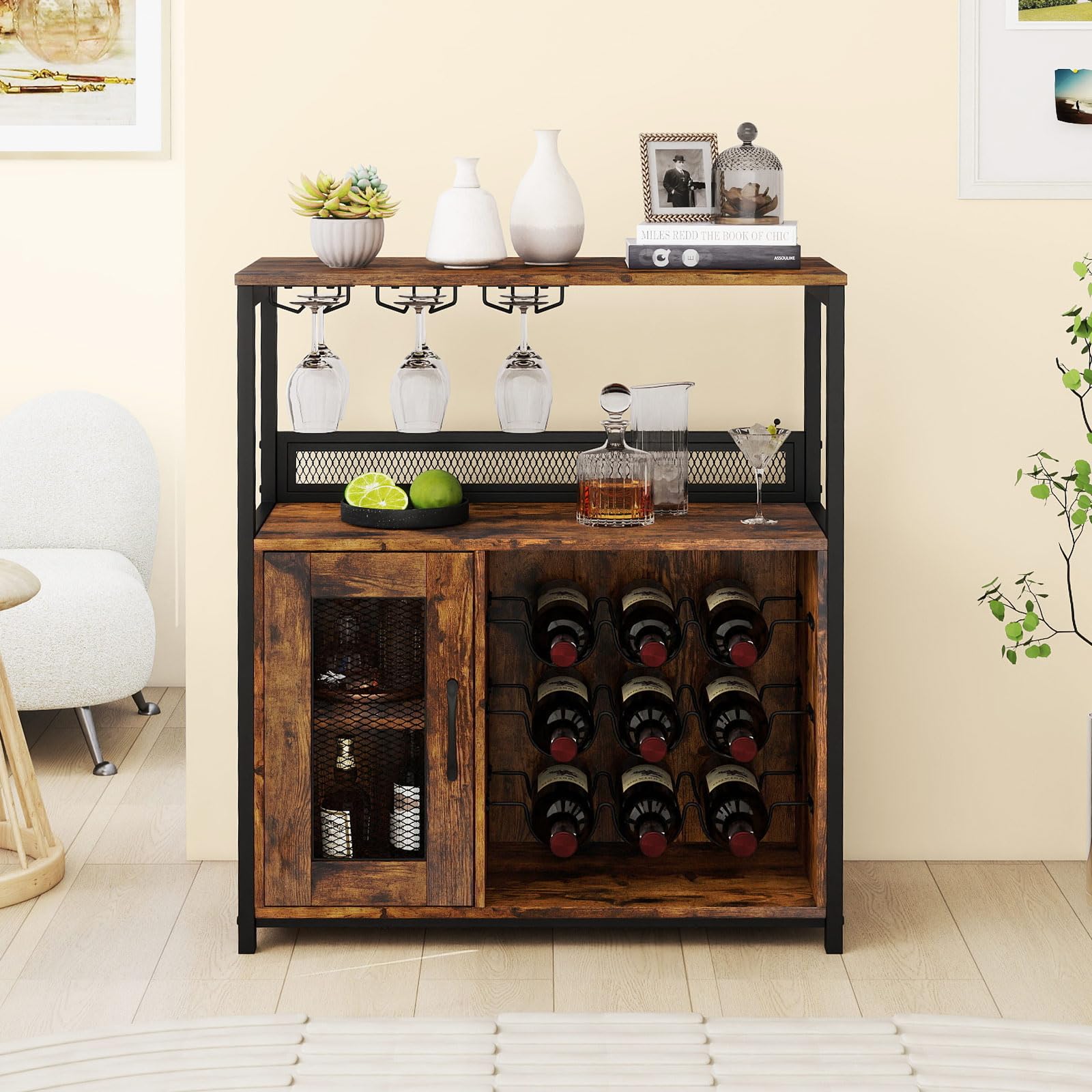 GIANTEX Mobile Porta Vino con 3 Portabicchieri e 9 Scomparti per Bottiglie, Kit Antiribaltamento, Design Industriale per Soggiorno, Sala da Pranzo, Cucina e Bar, Marrone