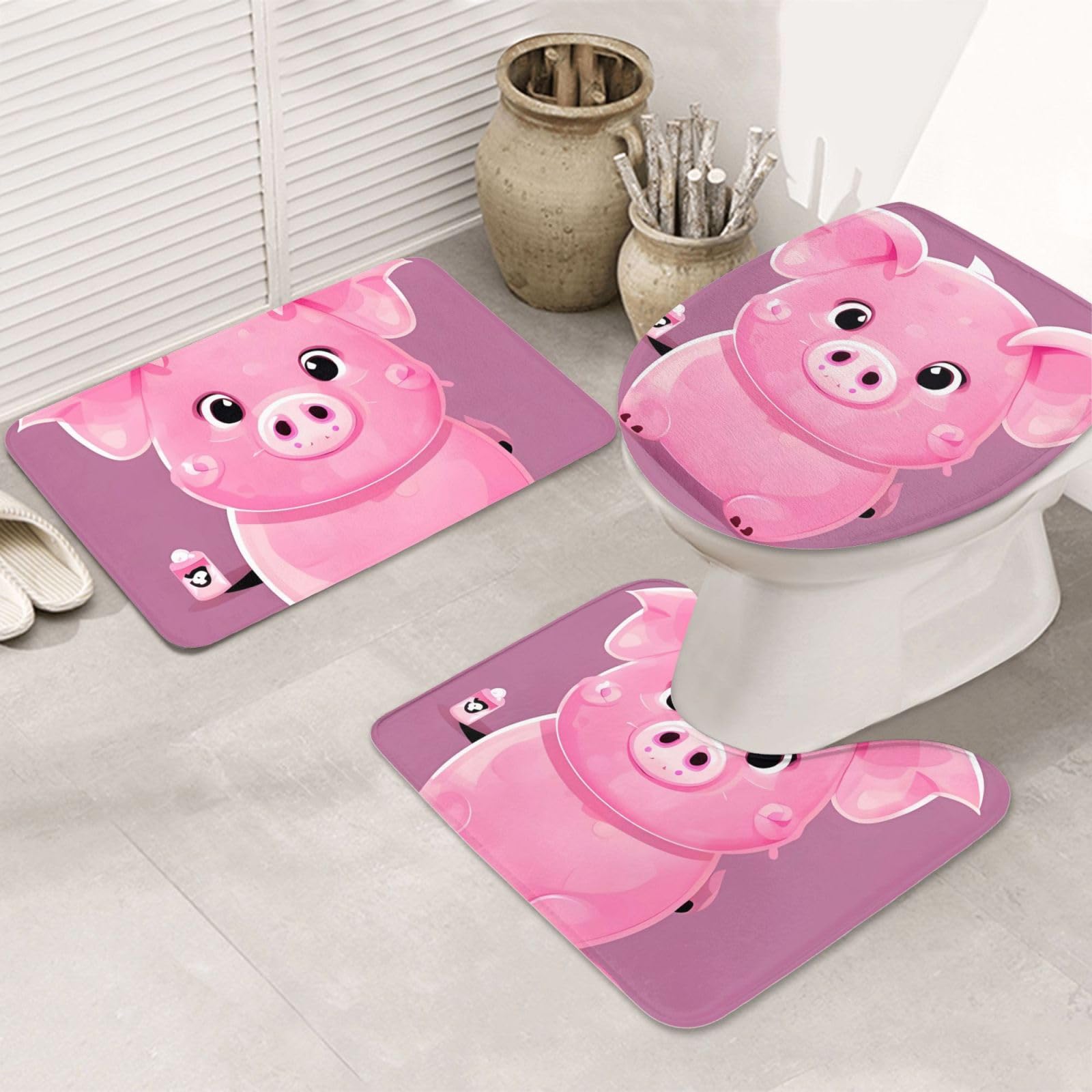 Lot de 3 tapis de salle de bain rose avec contour U cochon