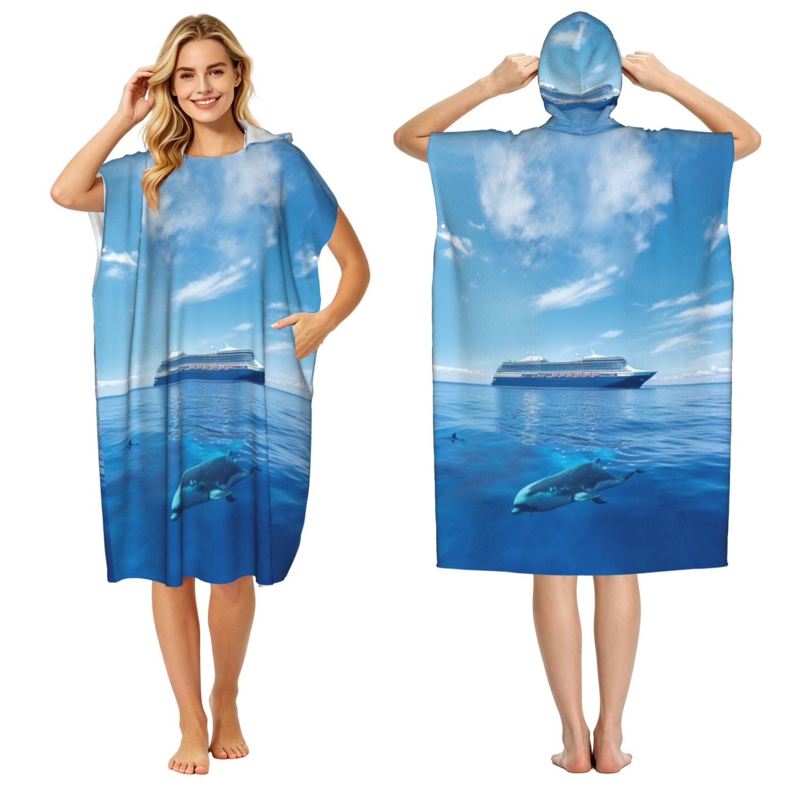 KLGRTJHK Cruise Ships And Whales Adult Hooded Beach Poncho Towel 43"X35"