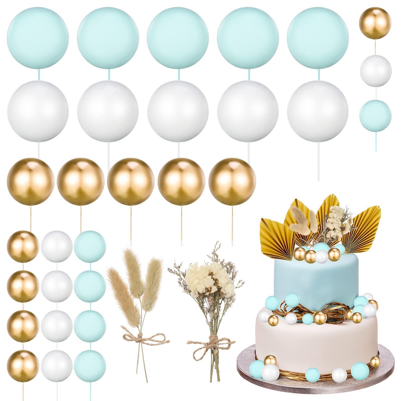 MOSTFUN 36 Pezzi Decorazione Torta Compleanno Boema, Decorazioni Torta con Rosette, Palline Decorative per Torte, Foglie di Palma, Erba di Coda di