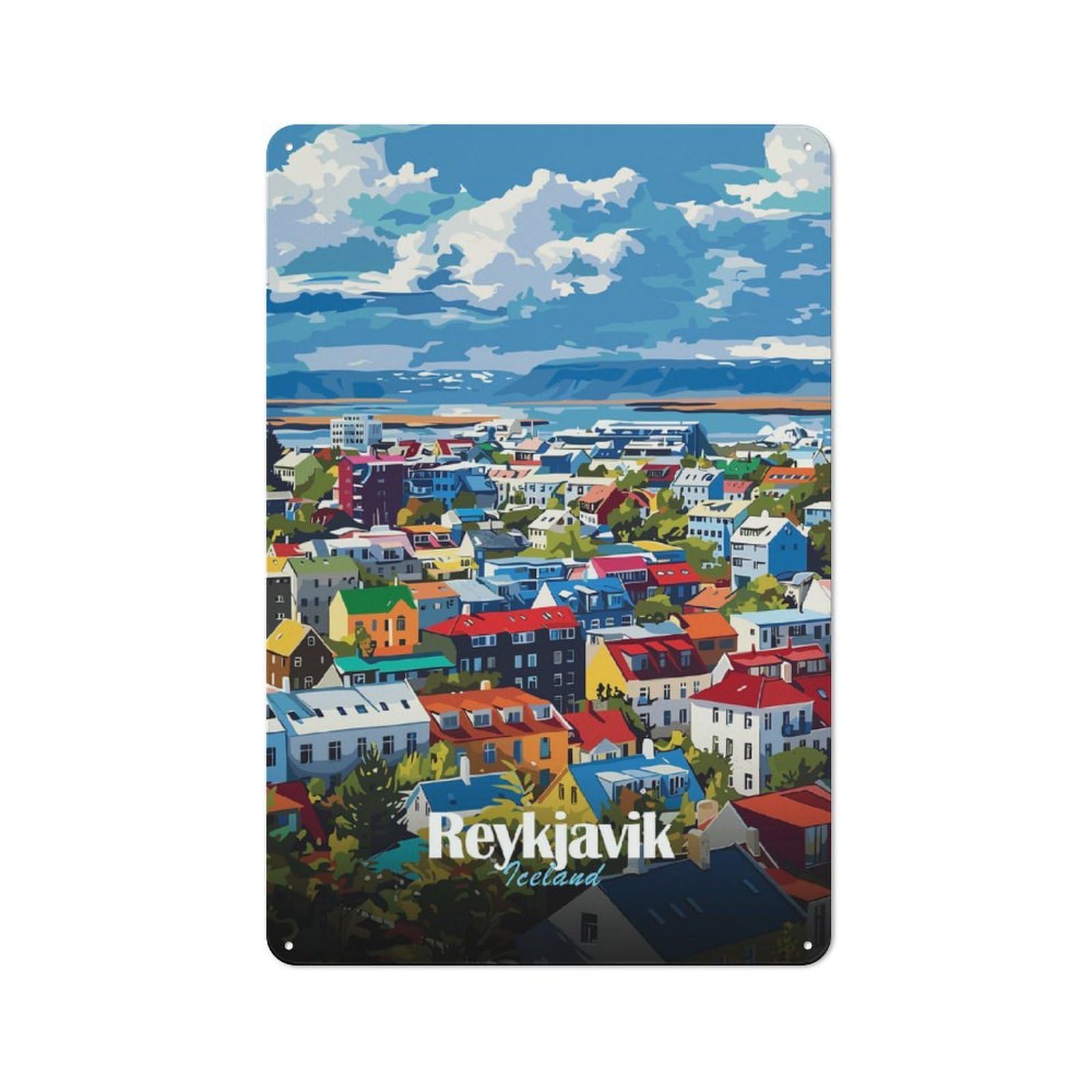 Junmoney Style-1 Metal Wall Sign 30X20cm Featuring Reykjavik, Iceland Cityscape Art For Café Or Home Bar, A Decorative Gift For A Newly Furnished Café And Home Bar