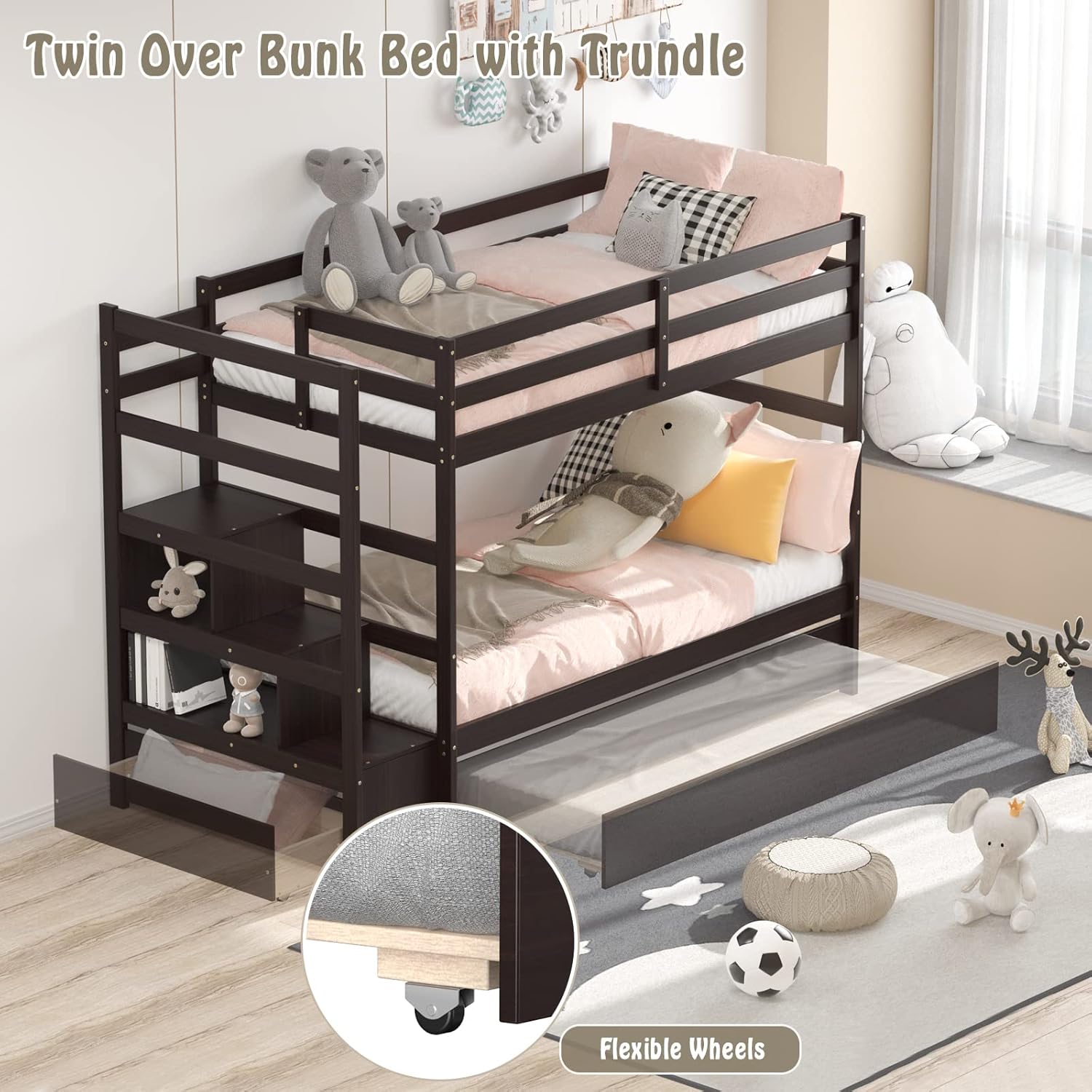 Giantex Twin Over Twin Bunk Bed with Trundle, Solid Wood Bunkbeds with Guard Rail and Storage Stairs, Twin Bunk Bed Frame, Suitable for Kids, Teens, No Box Spring Needed (Espresso)