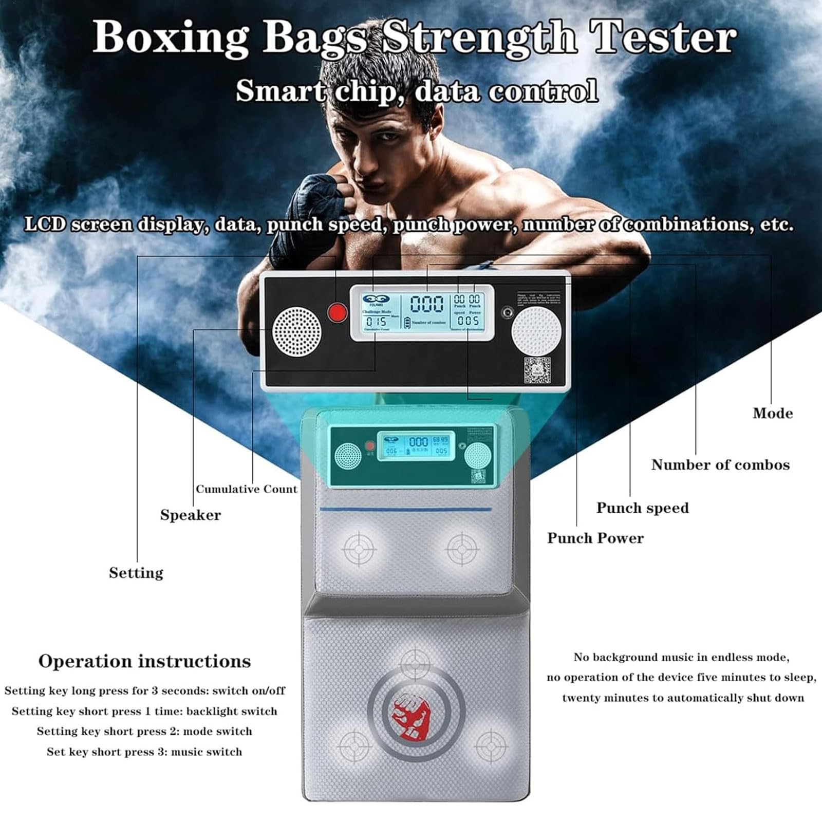 JOSBY Misuratore di Forza del Pugno da Parete, con Display LCD, Cuscinetto da Boxe da Parete, con Musica, misuratore di Forza per Il Pugilato, Facile da installare, Cuscinetto per Colpire, per Uomini