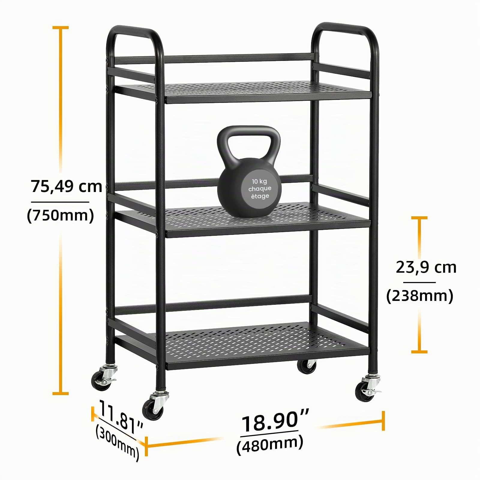 HDANI 3 Niveaux Chariot en métal de Rangement,Chariot de Rangement à pour la Cuisine ou la buanderie avec roulettes (Noir, 48×30×75cm Maille)