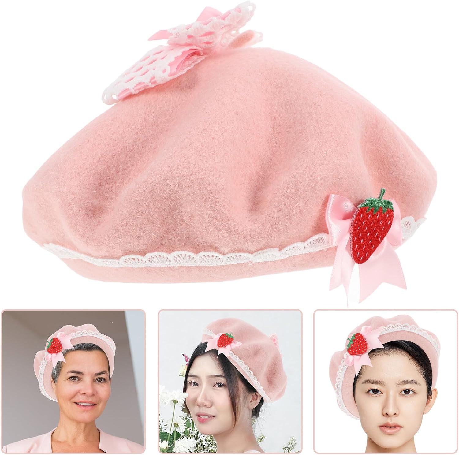 Strawberry Bow Beret Women’s French Woolen Painter Hat Warm Costume Cap for Christmas Random Color