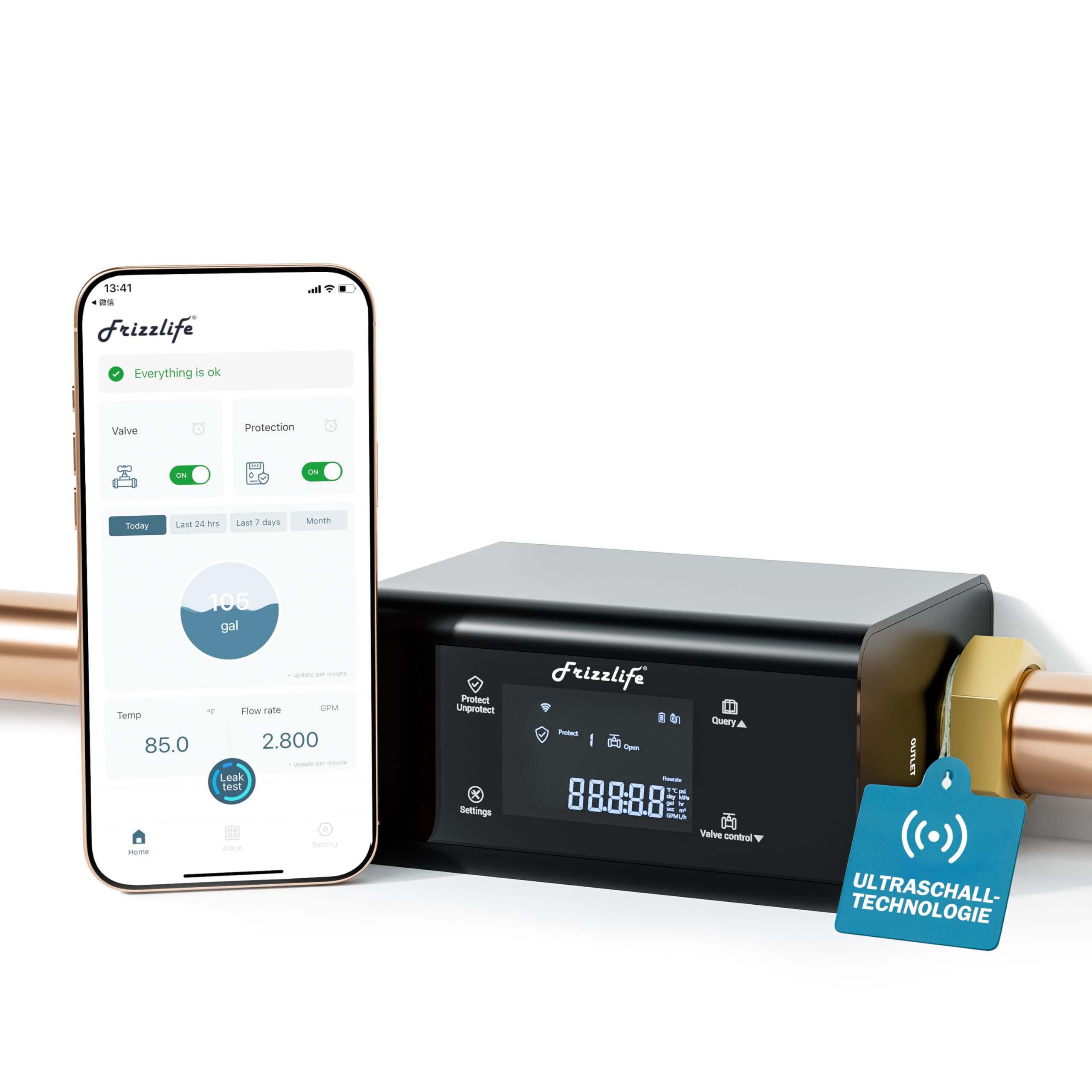 Frizzlife LP365 Wassermelder WLAN, Smart Wassermelder mit automatischer Abschaltung, App-Warnungen (2.4Ghz & 5Ghz), Wassersensor für Küche, Badezimmer, Keller, Wasserdicht nach IP67, 3/4" & 1" Rohre