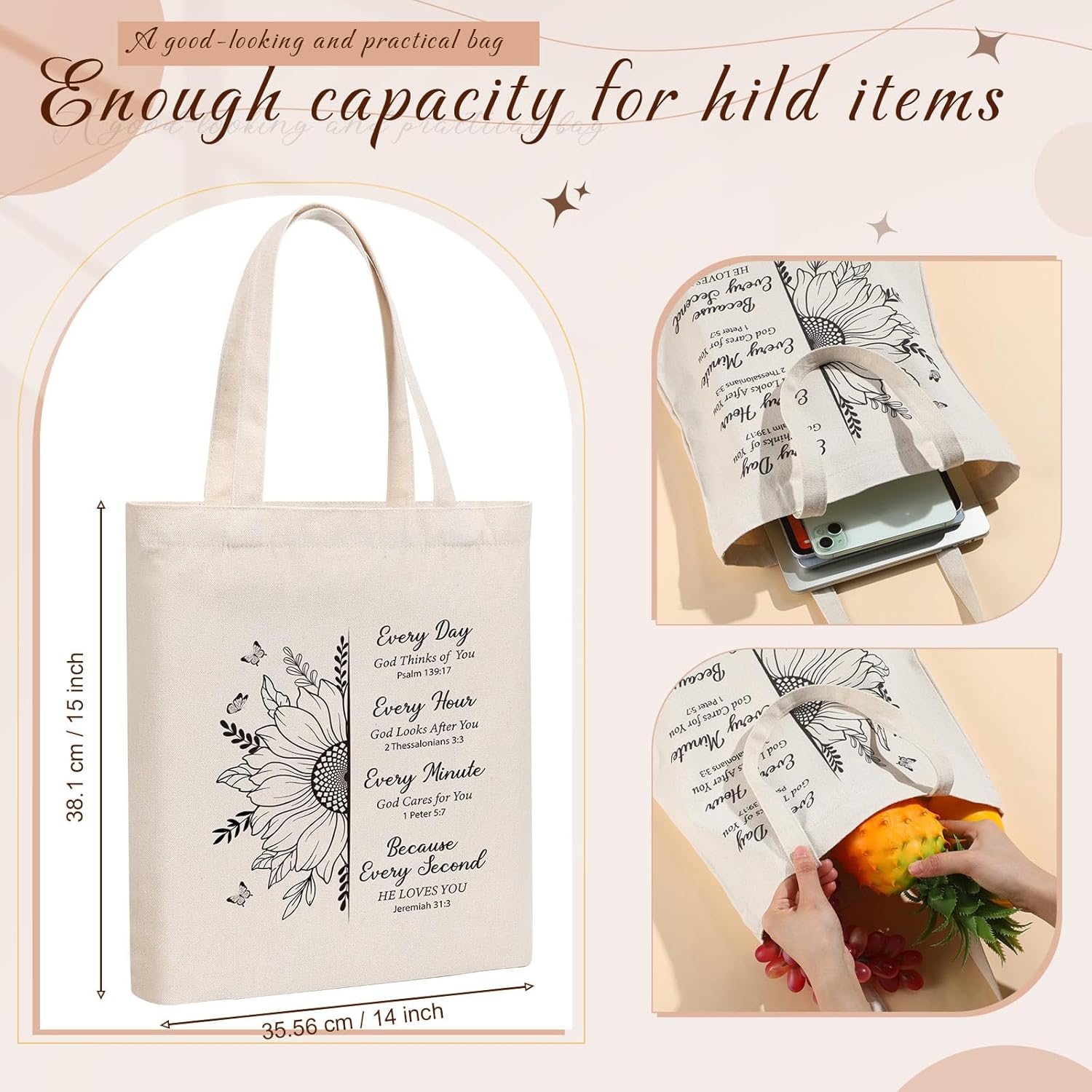 Paterr 6 Pcs Christian Tote Bag for Women Floral Bible Aesthetic Tote Cute Reusable Religious Canvas Bags for Vacation Bible School Church Grocery Shopping Travel Beach Birthday(Christian) - Image 4