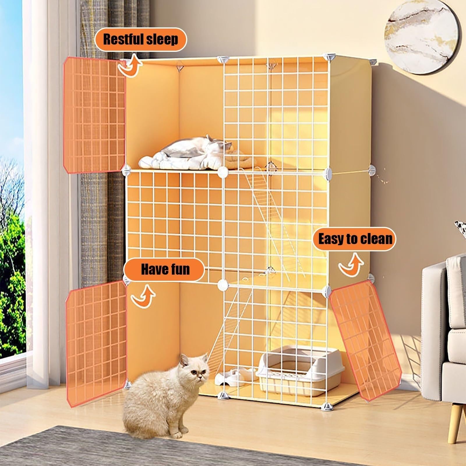 Katzenkäfig, DIY-Katzenhaus, Katzenbett für Katzen im Innenbereich, mit Katzenstreu und Hängematte für Katzen, klappbar, für 1-2 Katzen, Frettchen, Chinchillas, inkl