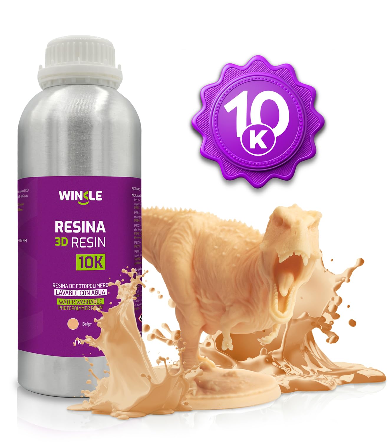 WINKLE Resina 3D 10K Beige 1kg | Stampante 3D Resina | Resina lavabile in acqua | Stampanti DLP e LCD | Resistente agli urti | Alta precisione e basso odore | Finitura dettagliata
