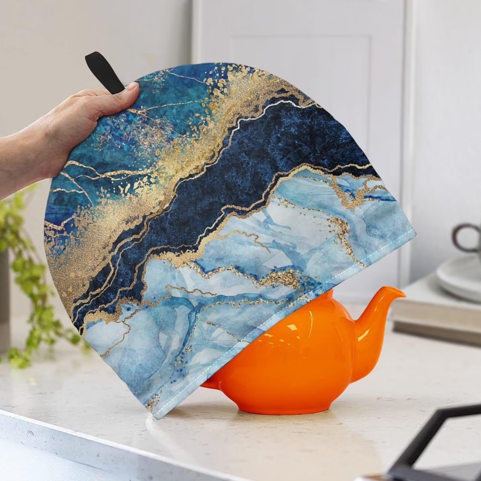 Nxidvxne Teapots Dust Cover Insulated 3D Printed Blue Marble Texture Pattern Tea Cozy for Teapot Tea Kettle Cover Breakfast Insulation Lid Warmer Tea Cosy Kitchen Blue