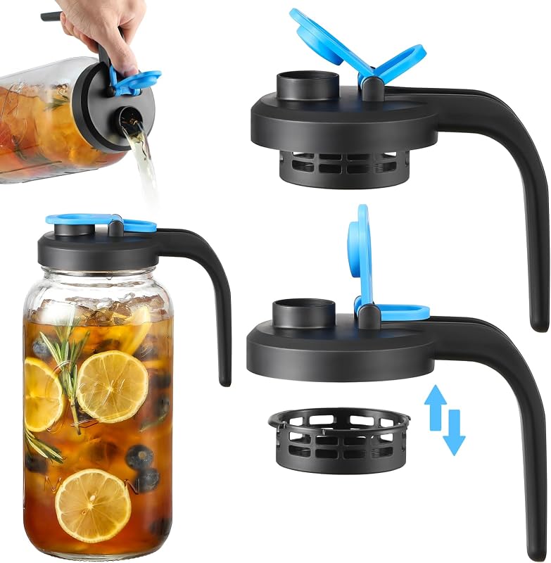 UPGRADED- Mason Jar Pour Spout Lids with Detachable Filters for Wide Mouth Mason Jars - 2 Pack Flip Top Pitcher Lids with Handle for Ball & Others- Airtight Seal Cover Cap, Dishwasher Safe, Food Grade