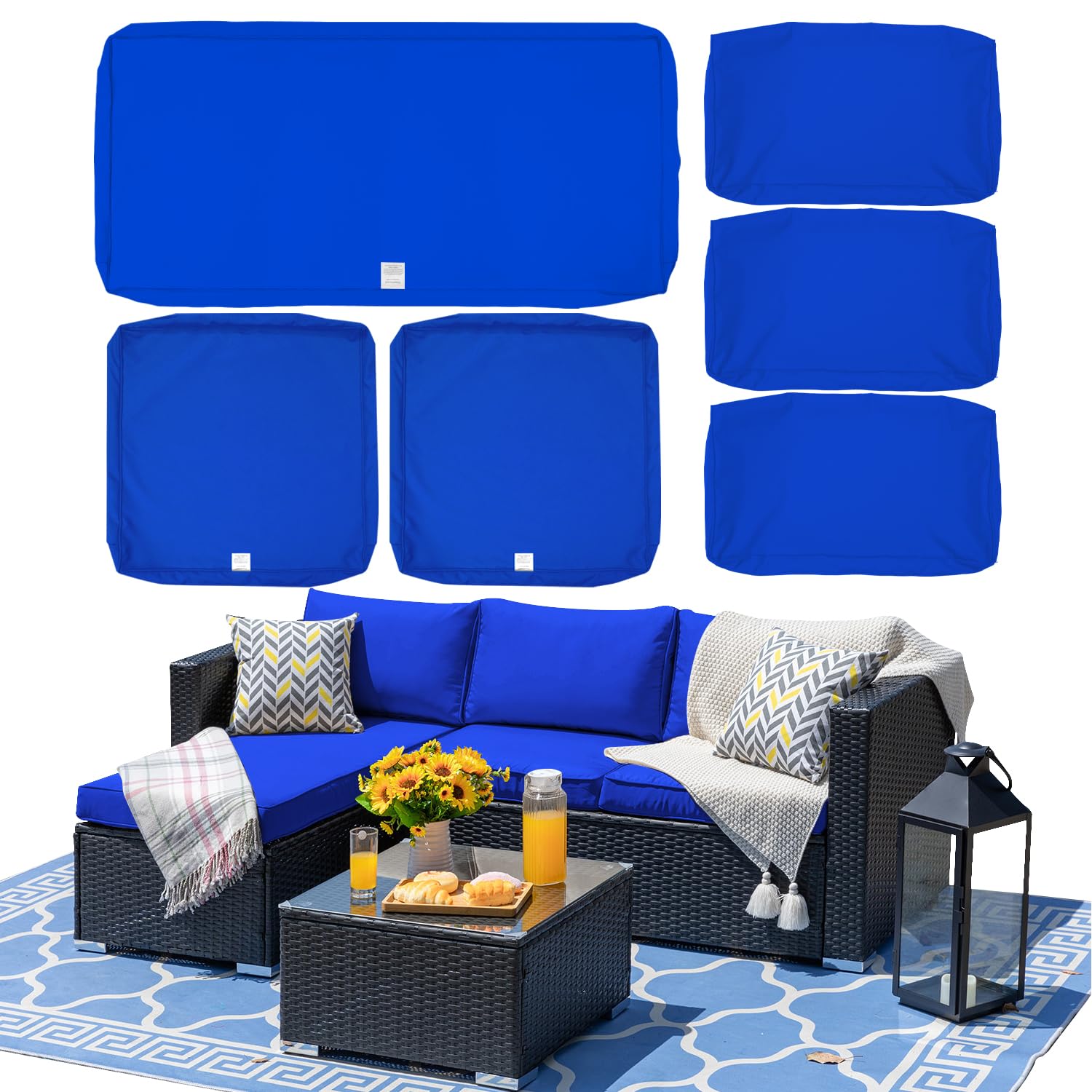 ClawsCover 6 Pack Outdoor Seat Cushions Back Pillows Replacement Covers Fit for 3 Pieces 3-Seater Wicker Rattan Conversation Set Sectional Couch Chairs Furniture,Royal Blue-Cover Only
