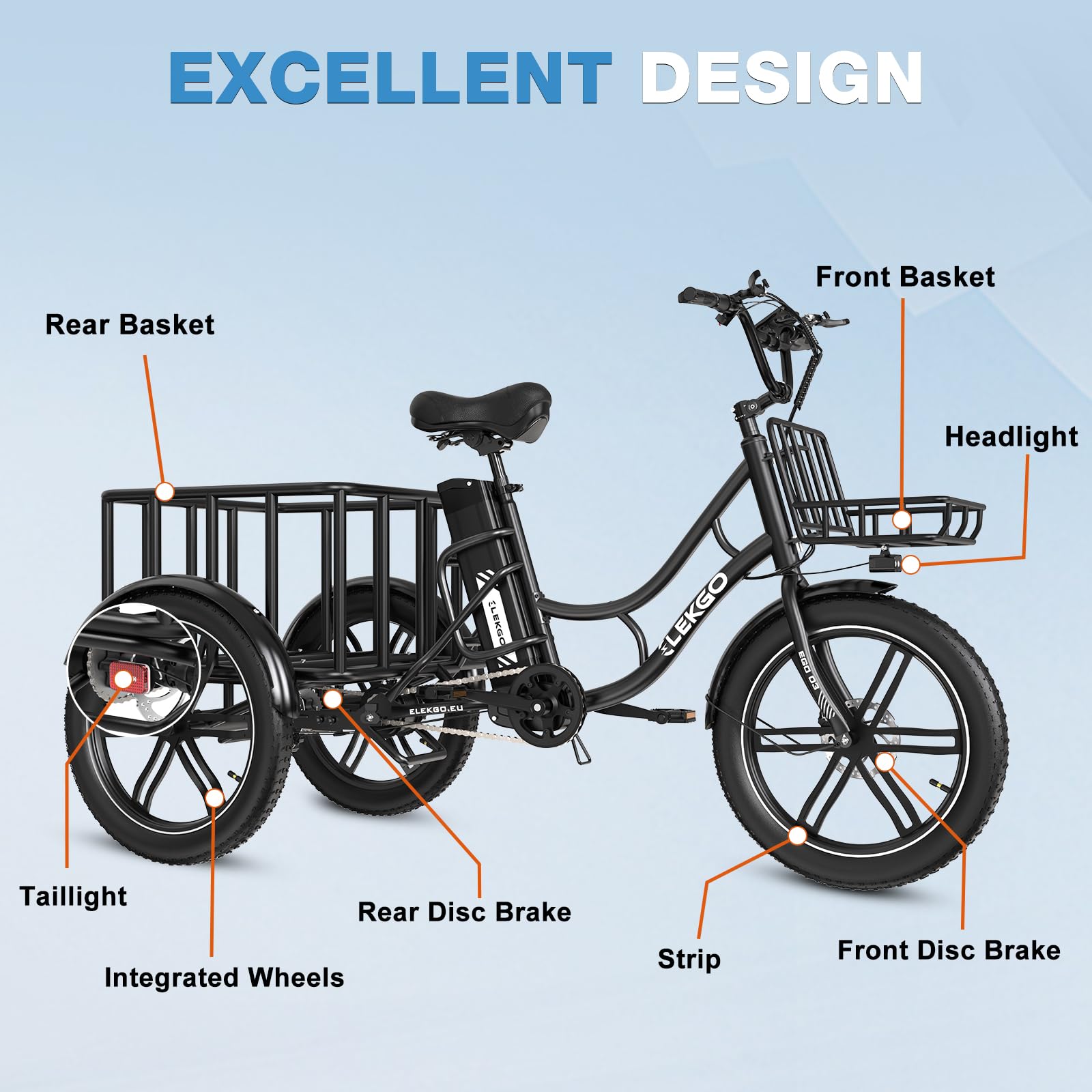 20 Zoll E Bike Dreirad, 48V 18AH abnehmbare Batterie, NFC-Entriegelung, Vorwärts- und Rückwärtsgang, mit Fettreifen, Scheinwerfer, Lastenfahrrad, Tragfähigkeit 200 kg