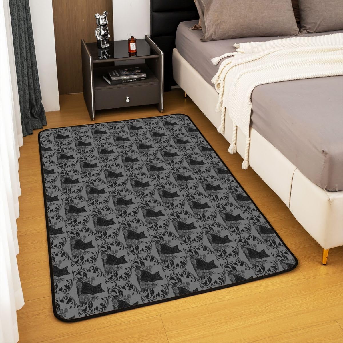 Gothic Black Cat Area Rug 3x5 Charcoal Grey Damask Rugs for Living Room | Goth Vintage Floral Washable Rug, Baroque Victorian Carpet Indoor Floor Mat